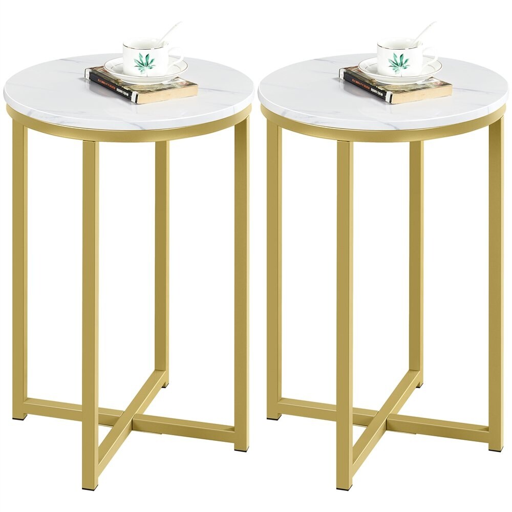 Modern Faux Marble Top Round Side Table Set， 2 Piece， White - Mycitystee