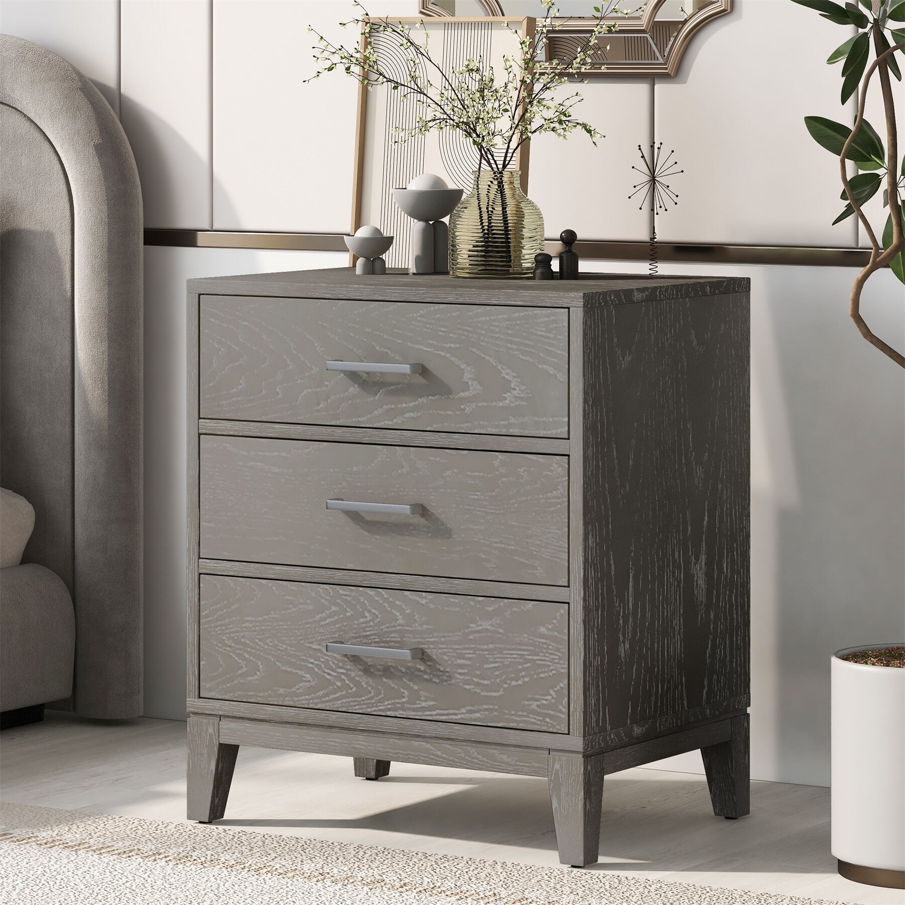 Grey Grain Solid Wood 3 Drawers Chest - - 37267607 - Mycitystee