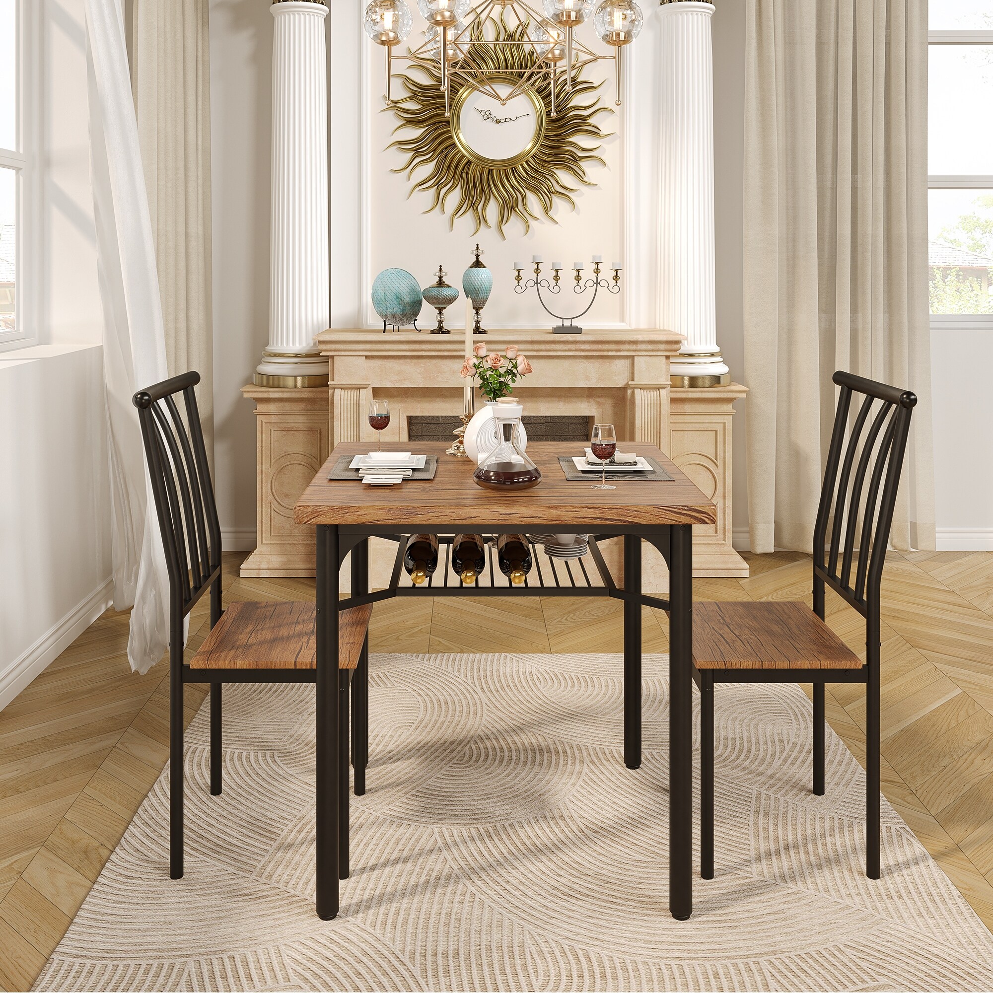 Dining Table Set， Kitchen Table and Chairs for 2 with Wine Rack， 3 Piece Metal and Wood Square Dining Room Table Set - Mycitystee