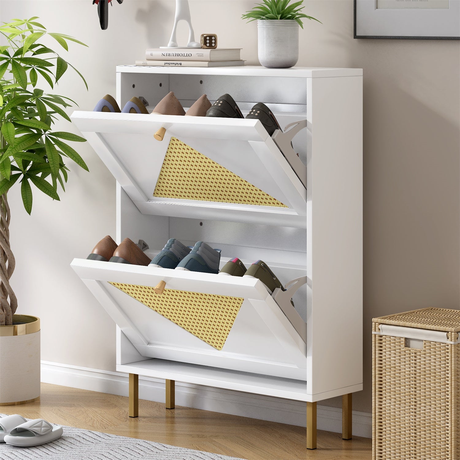 Modern Rattan Shoe Cabinet with 2 Flip Drawers - - 37954104 - Mycitystee