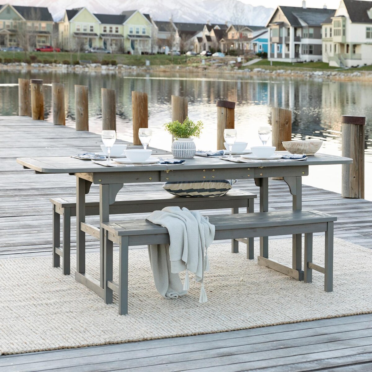 Ultimate Patio Cozy View 3 Piece Acacia Patio Dining Set W/ 55-79 X 35 Inch Extension Rectangular Table - Mycitystee