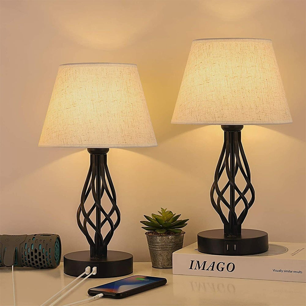 Set of 2 Farmhouse Metal Nightstand Lamps with Dual USB Ports - 5.5