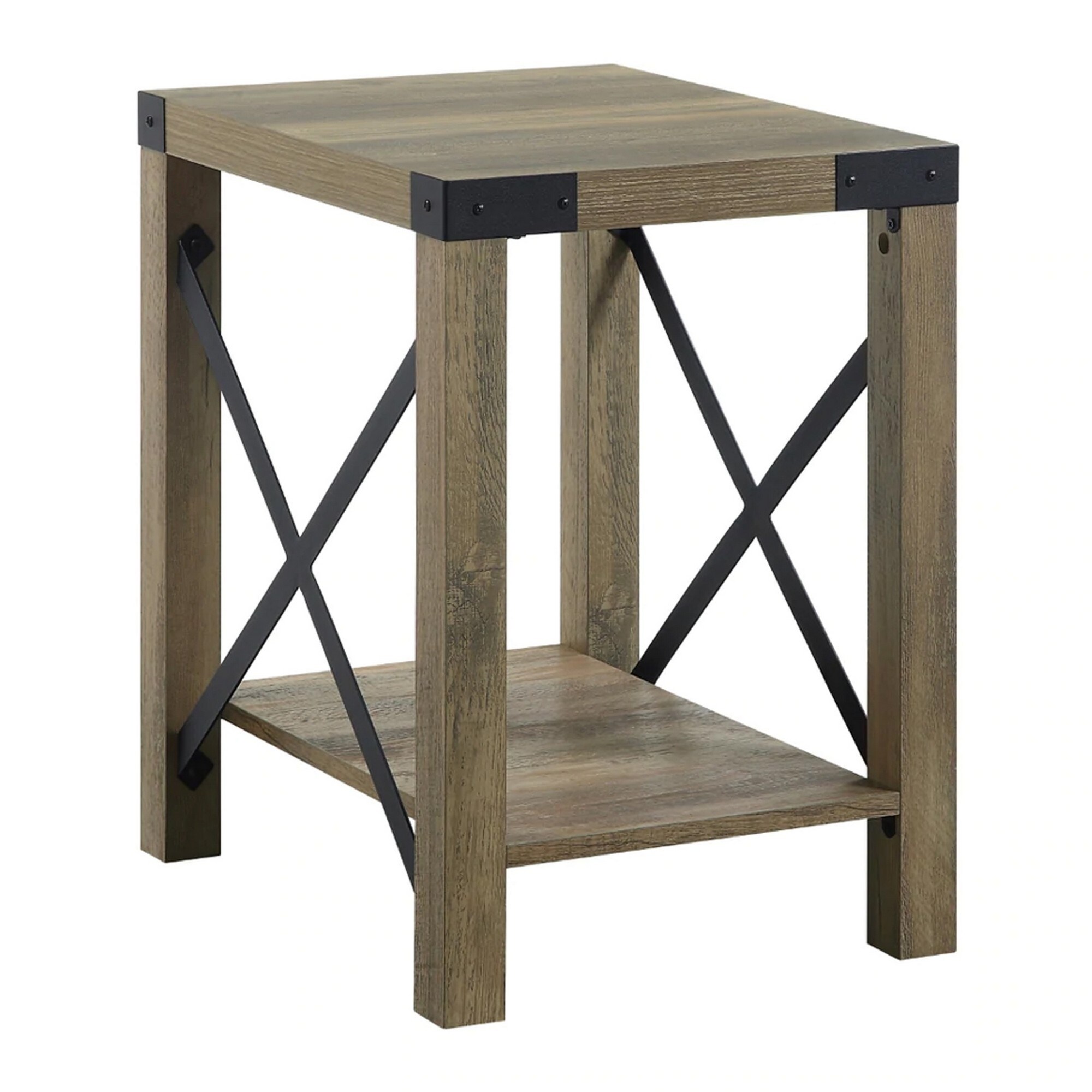 Eli 22 Inch Wood End Table， Metal Brackets， Cross Bars， Rustic Oak Brown - Mycitystee