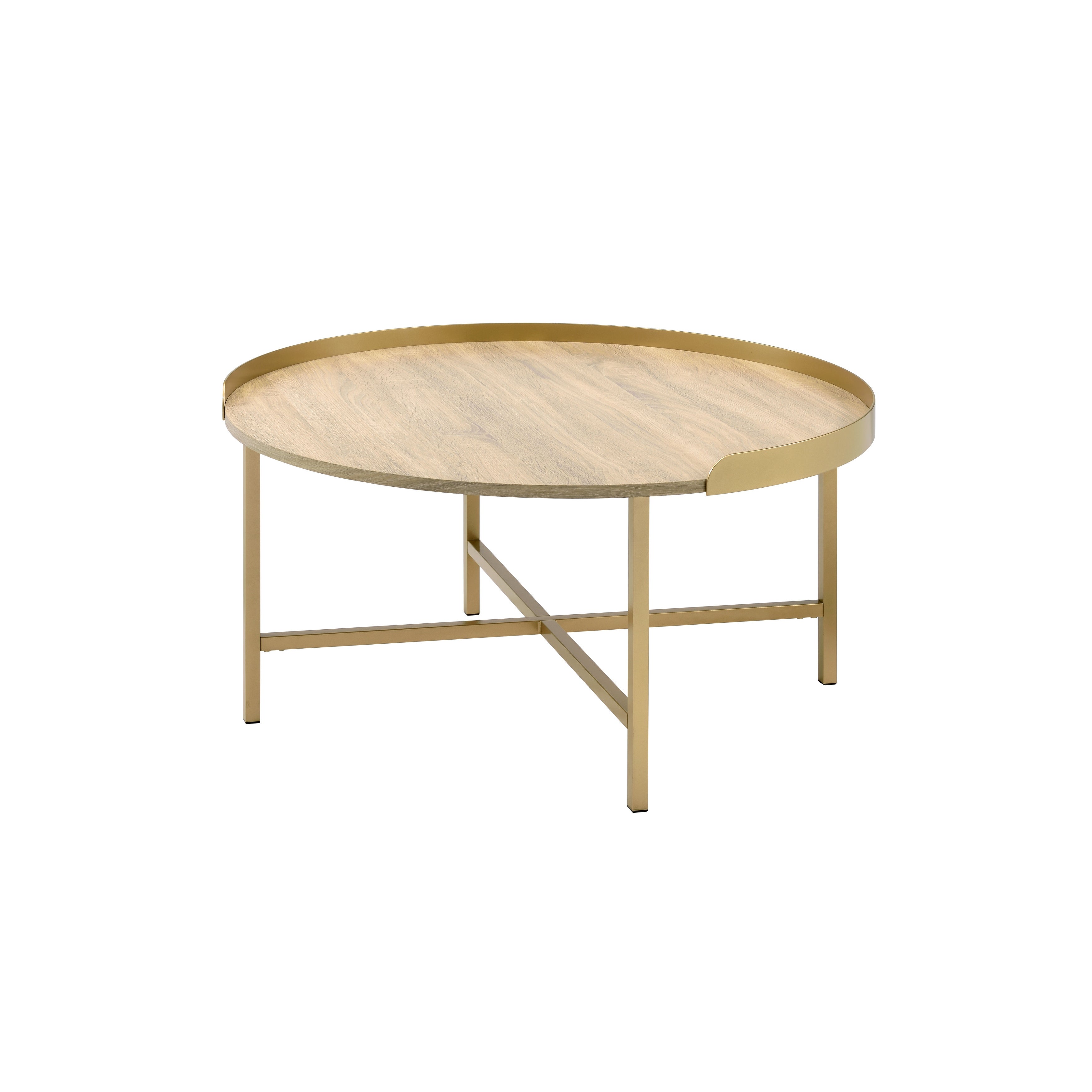 Contemporary Coffee Table with Gold Finish Round Table Top， Wood Sofa Table with Cross Bar Styled Metal Base for Living Room - Mycitystee