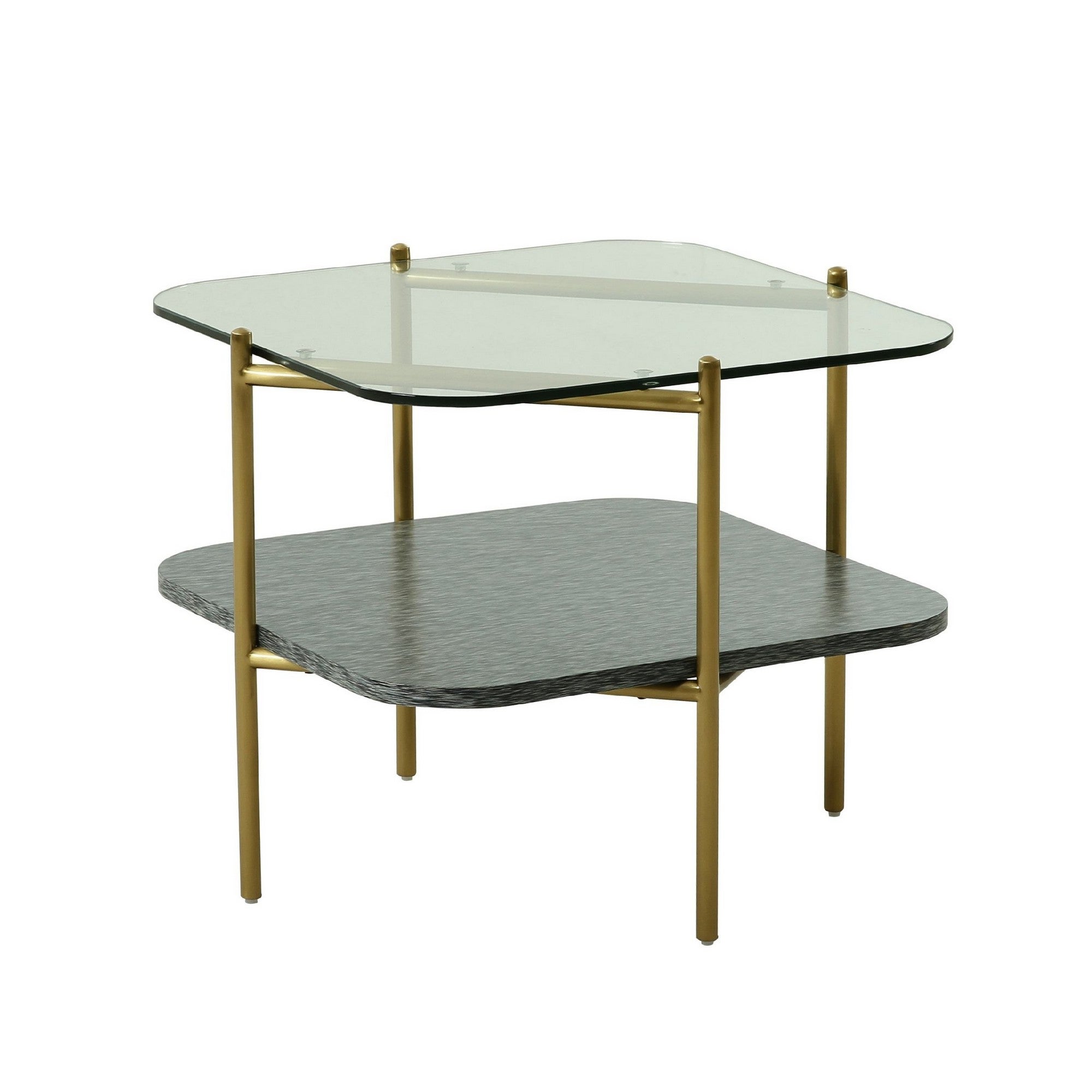 Cid Troy 24 Inch Modern 2 Tier End Table， Glass Top， Gold Metal Legs， Gray - Mycitystee