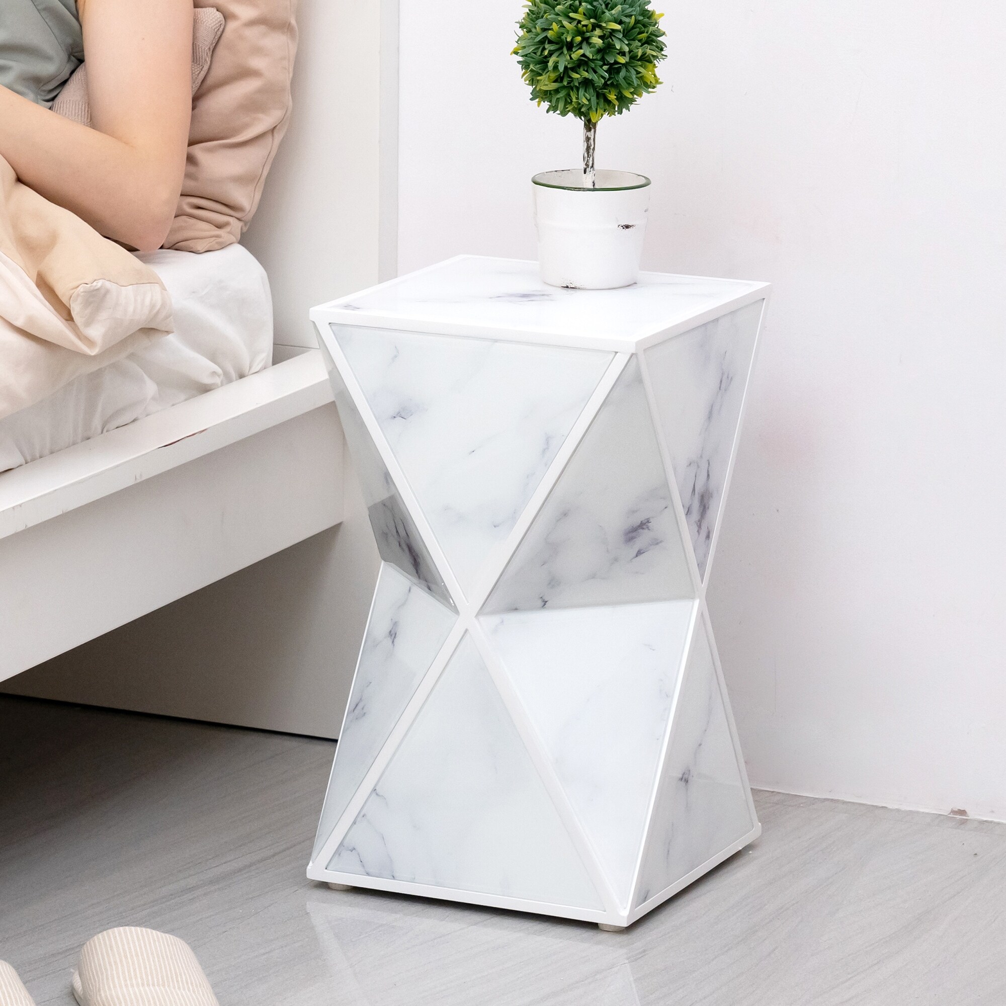 Classical Geometry End Table Marble Modern，luxury Marble Textured Glass and Mdf Frame，end Table - Mycitystee