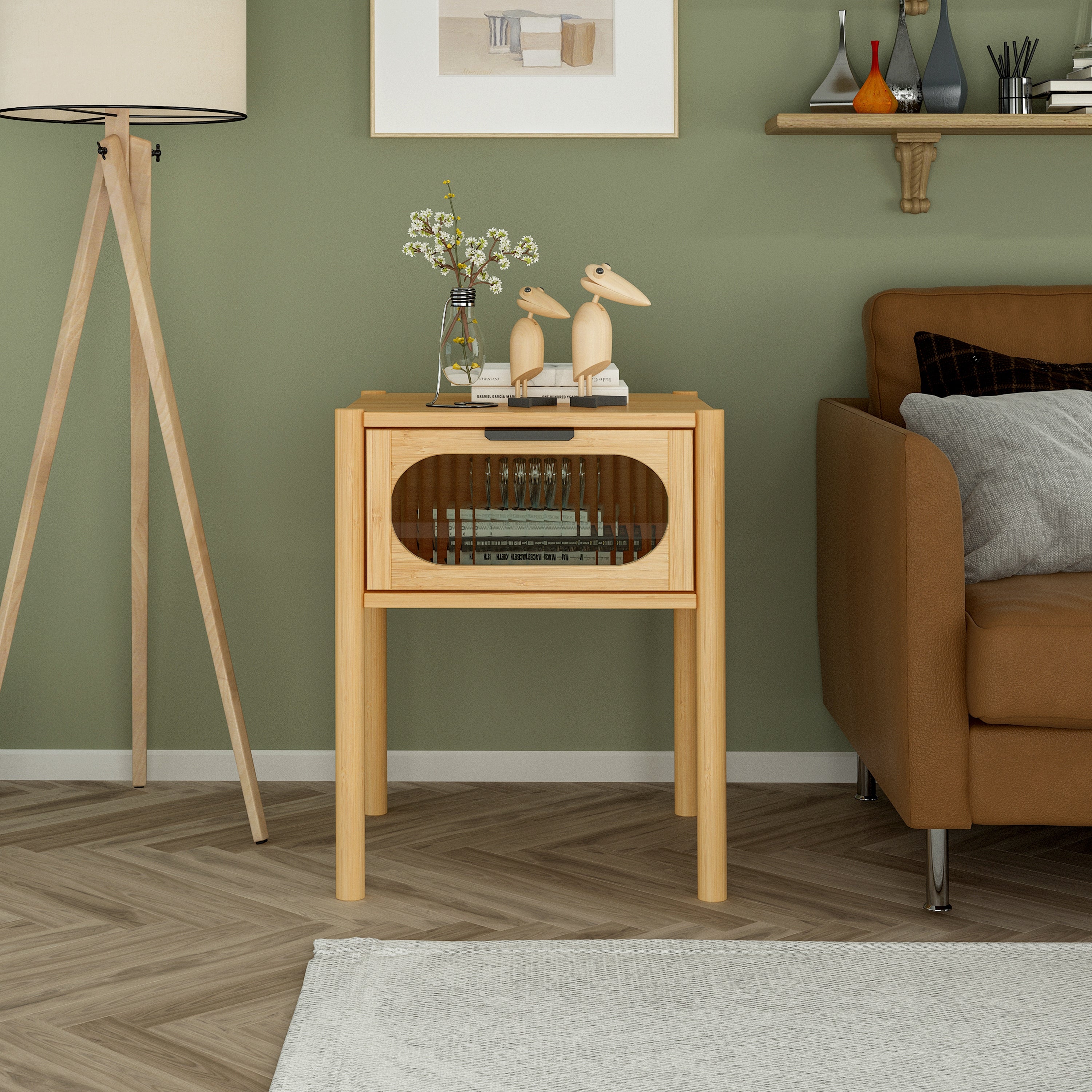 1 Drawer End Table，Bamboo Mid Century Modern Nightstand，Bedside Table Accent End Table Side Table in Natural - Mycitystee