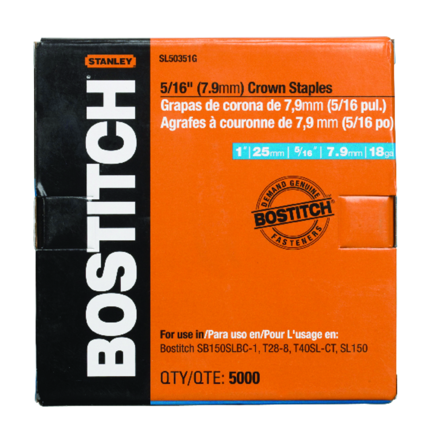 Bostitch SL 5/16 in. W X 1 in. L 18 Ga. Narrow Crown Staples 5000 pk - Mycitystee