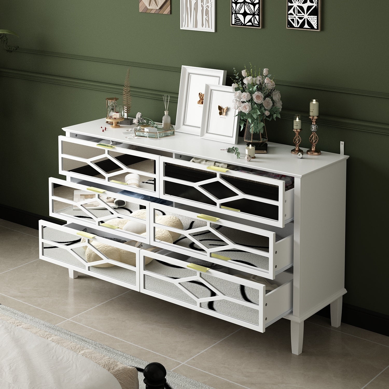 6 Drawer Dresser with Mirrored Pattern Storage Drawer Chest Organizer - - 37651859 - Mycitystee