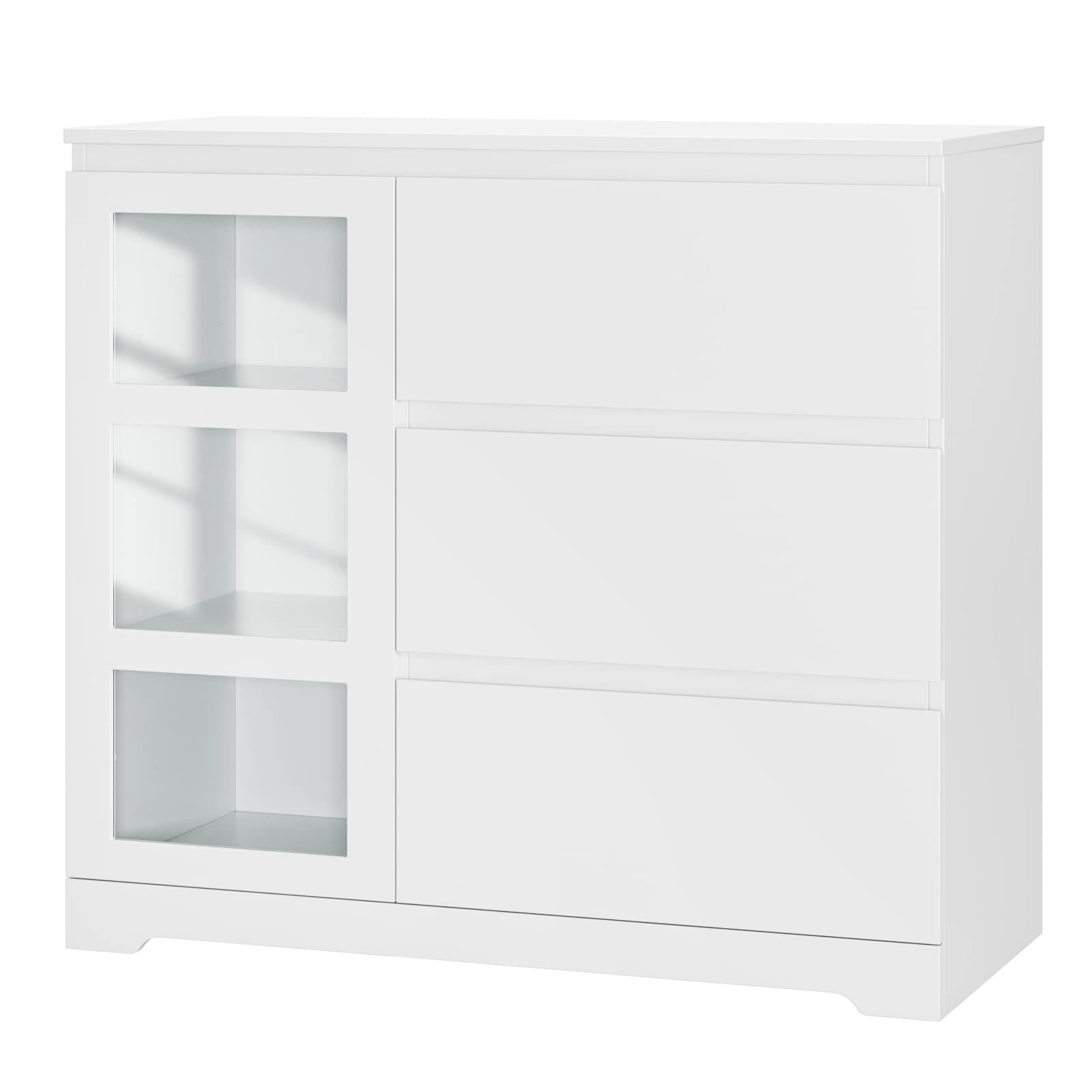 Modern 3 Drawer Dresser， White Dresser for Bedroom， Wide Chest of Dresser with Glass Door and 3 Drawers - as picture - - 37668681 - Mycitystee