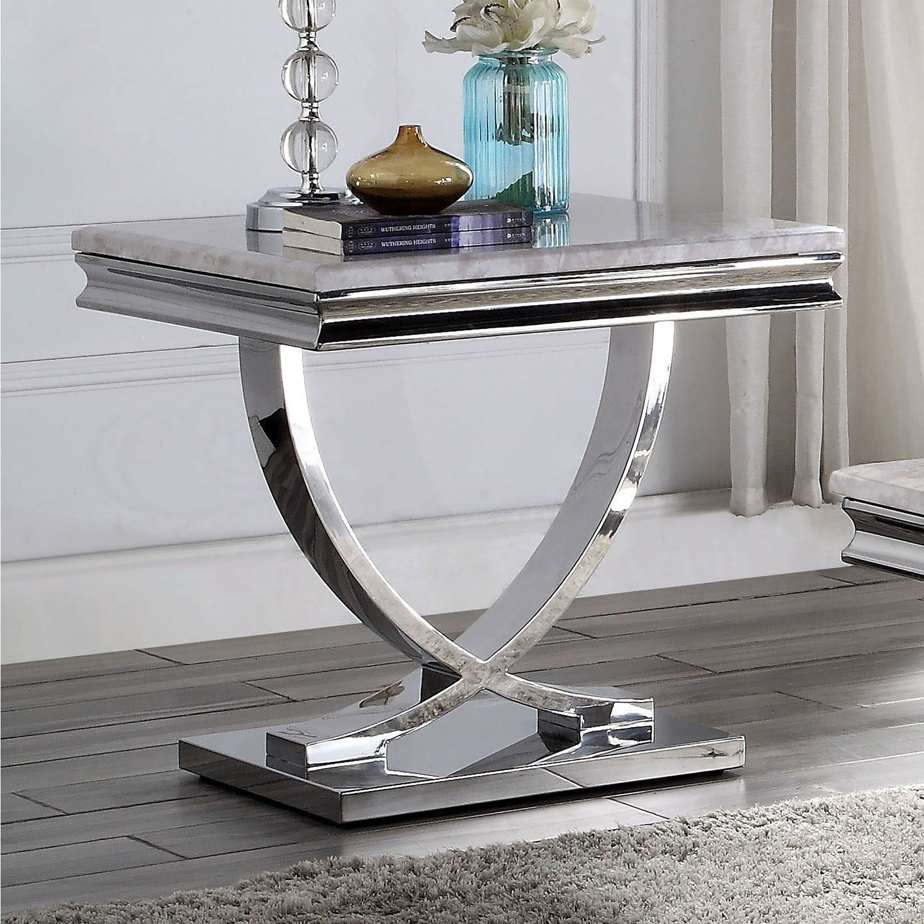 Furniture of America Verdiccio Glam Chrome 23-in Faux Marble Side Table - Mycitystee