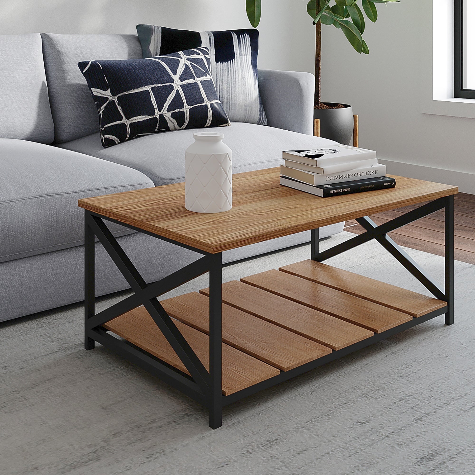 Sullivan Rustic Industrial Coffee Table with Slatted Shelf - Mycitystee