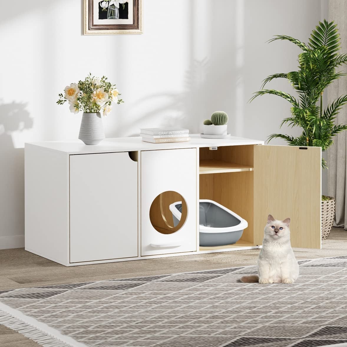 Cat Litter Box Enclosure 43 Inch， Wood Cat Washroom Storage Cabinet - Mycitystee