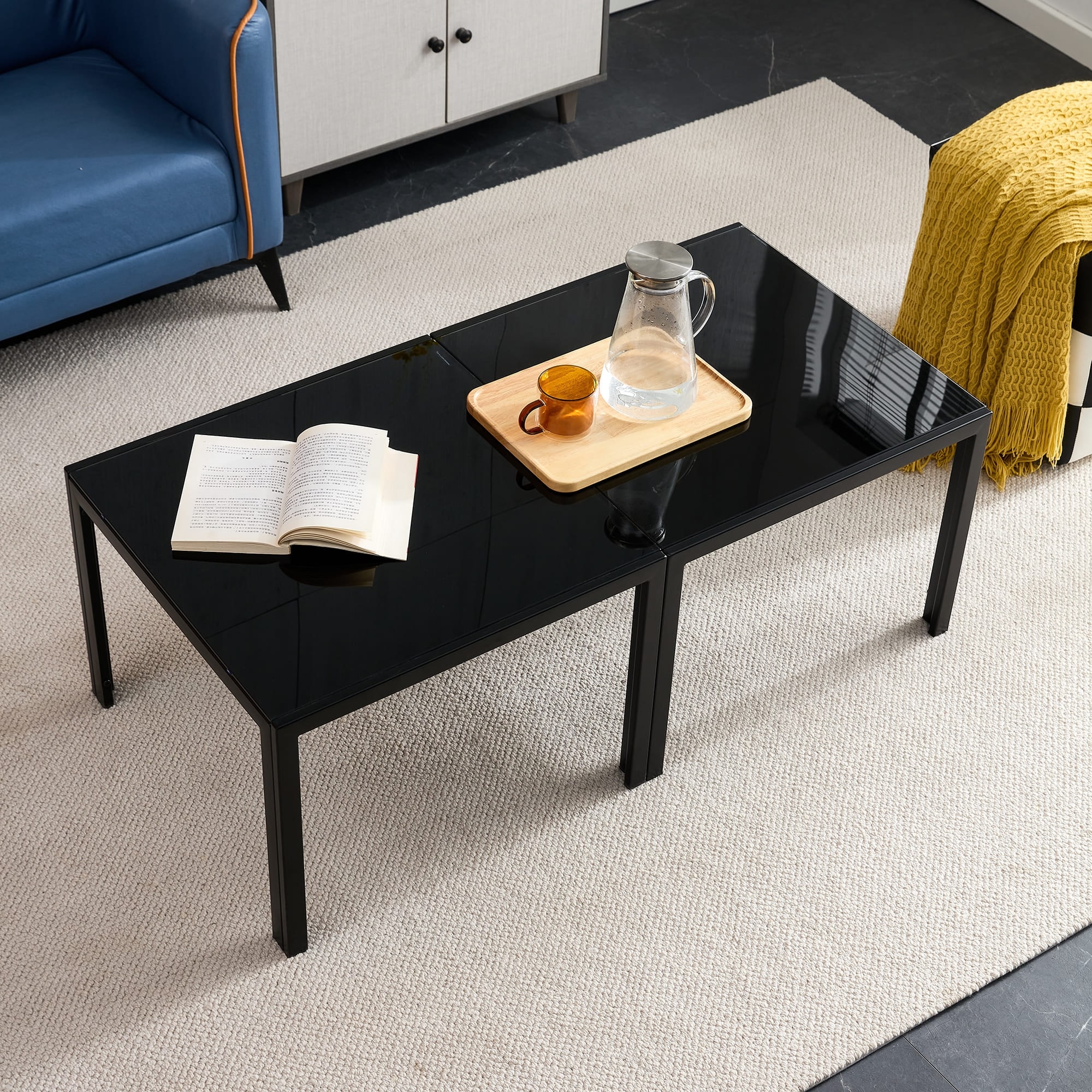Set of 2 Square Center Table Modern 23.23-inch Coffee Table with Tempered Glass Tabletop End Table with Metal Frame - Mycitystee