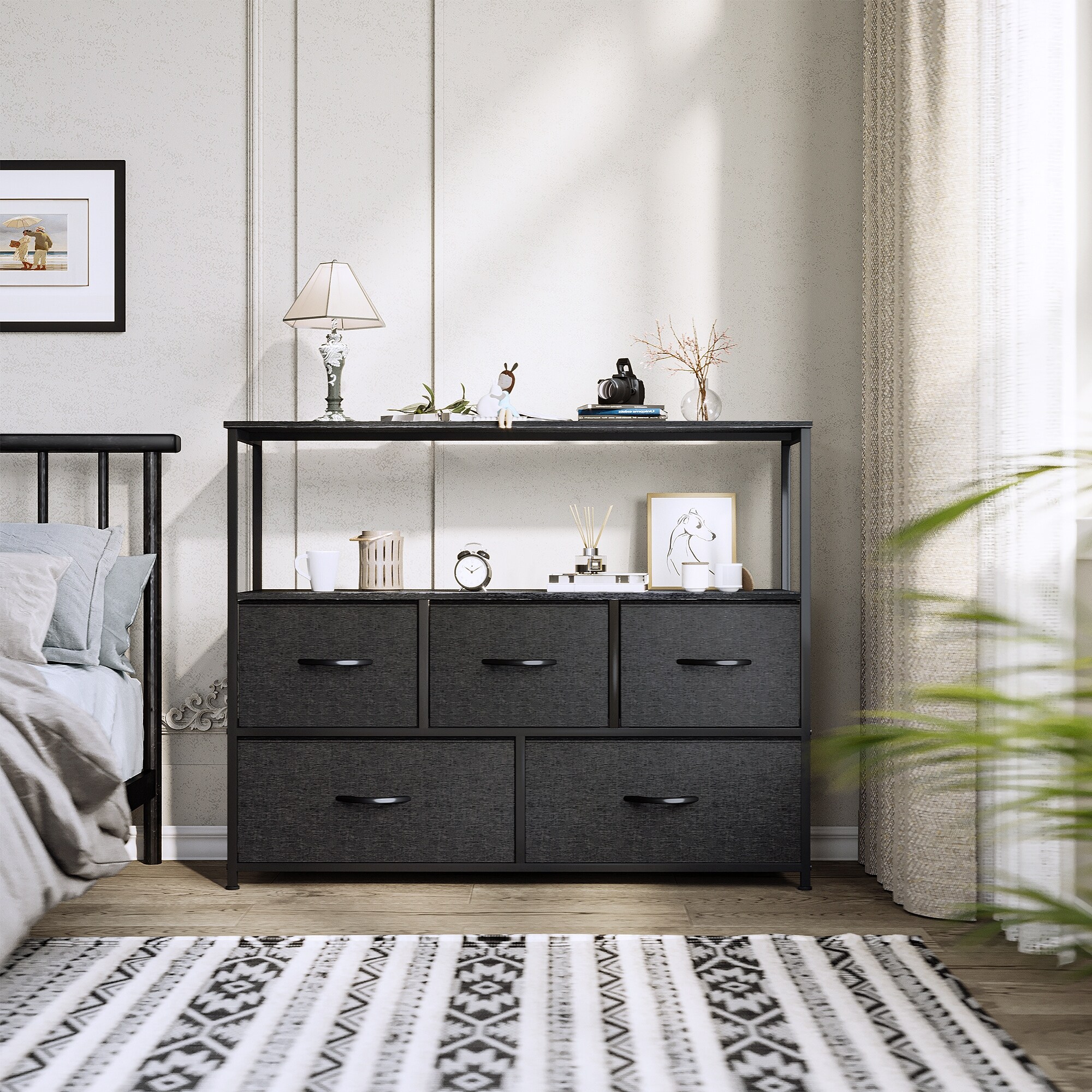 Modern Fabric 5-Drawer Storage Chest with 2-Tier Storage Rack - - 37522904 - Mycitystee