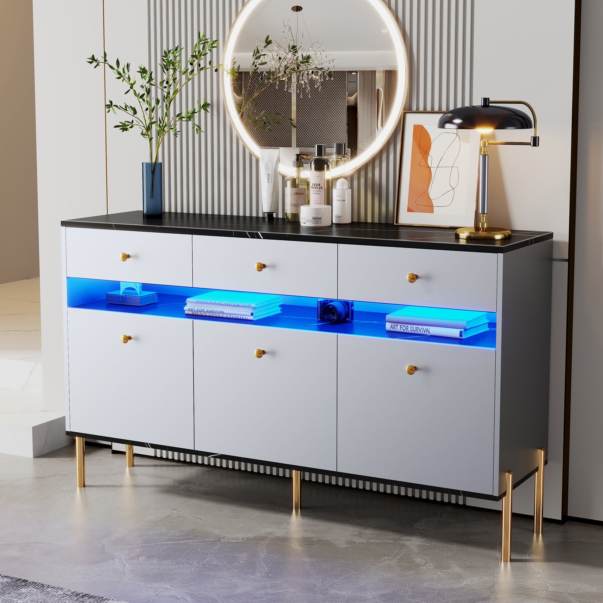 Gray Modern Dresser with LED Lights， Marble Top Panel， and Ample Storage， Sturdy Frame， Space Saving， Smart LED Lights - - 37828408 - Mycitystee
