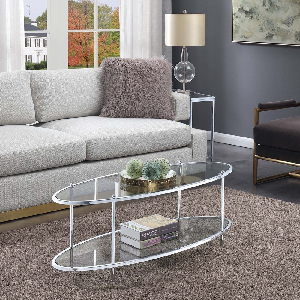 Royal Crest 2 Tier Oval Glass Coffee Table， Glass/Chrome - Mycitystee
