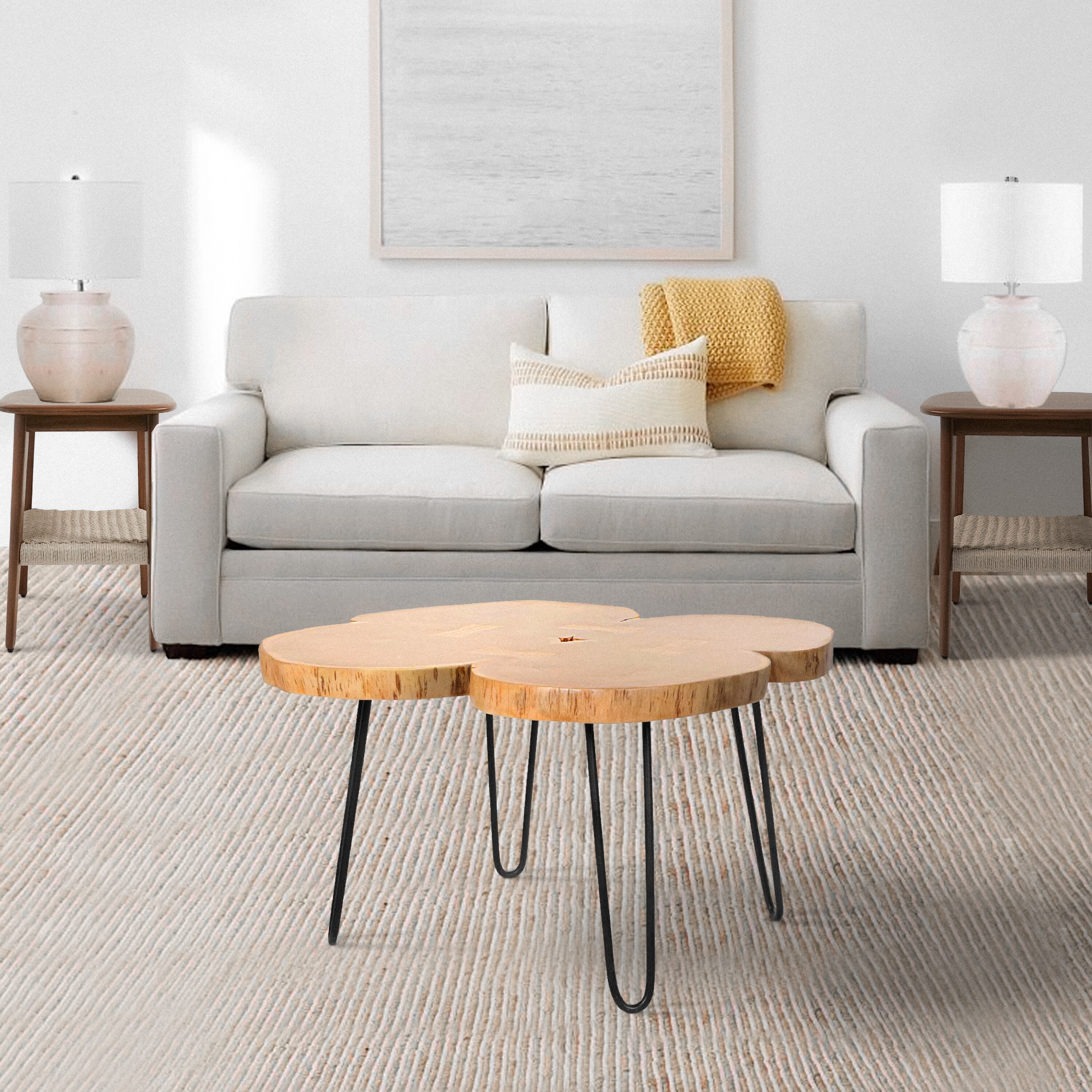 29 Inch Acacia Wood Coffee Table with Live Edge and Quatrefoil Top for iving Room， Home， Iron Hairpin Legs， Brown and Black - Mycitystee