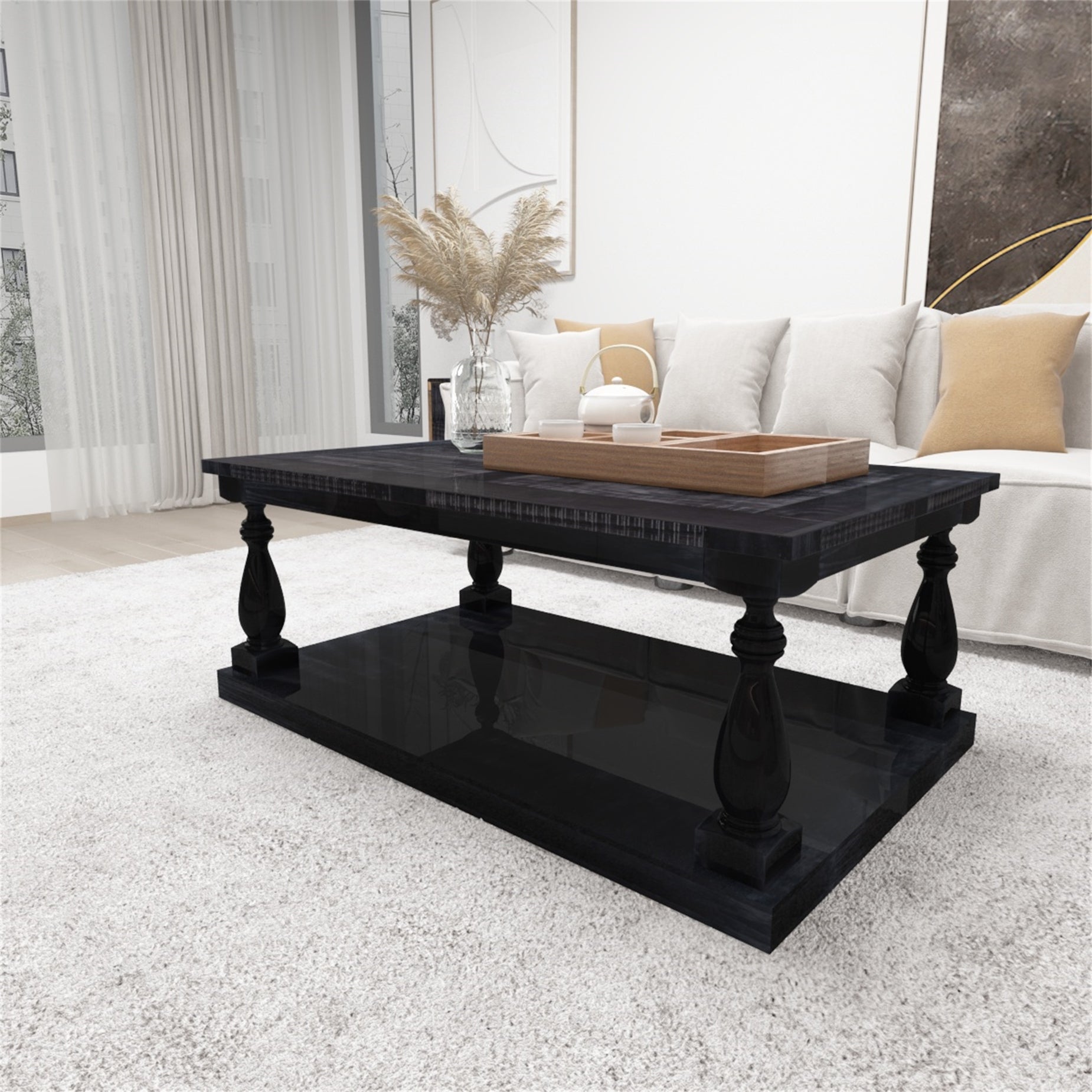 Rustic Floor Shelf Coffee Table with Storage， Solid Pine Wood - Mycitystee