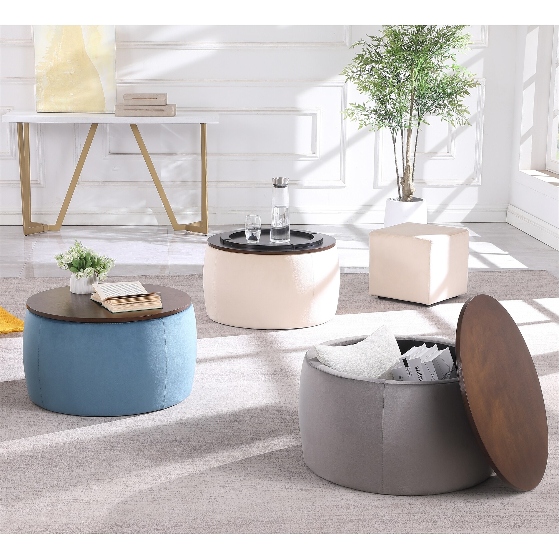 2 in 1 Combination Round Ottoman Set ，Coffee Table with Storage - Mycitystee