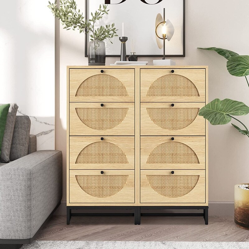 Boho Dresser Tower， Free Standing Storage Cabinet with 4 Rattan Drawers， Hallway Wooden Tall Storage Dressers Drawer Units - - 35711439 - Mycitystee