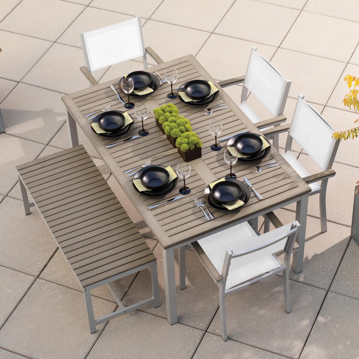 Oxford Garden Travira 6 Piece Flint Aluminum Patio Dining Set W/ Natural Sling Armchairs， 63-Inch Rectangular Vintage Tekwood Table and Backless Bench - Mycitystee