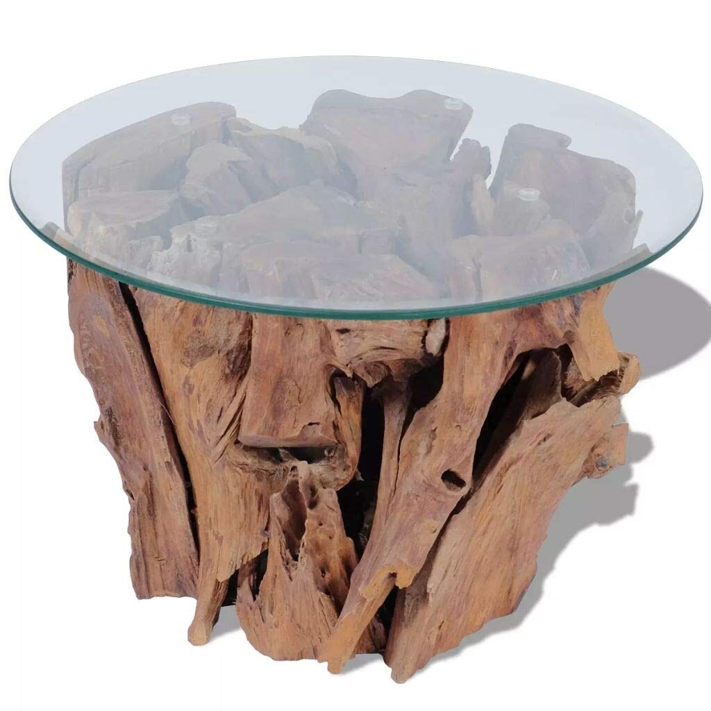 Solid Teak Driftwood Coffee Table with Strong Tempered Glass and Teak Base Living Room Side Tea Stand - as picture - Mycitystee