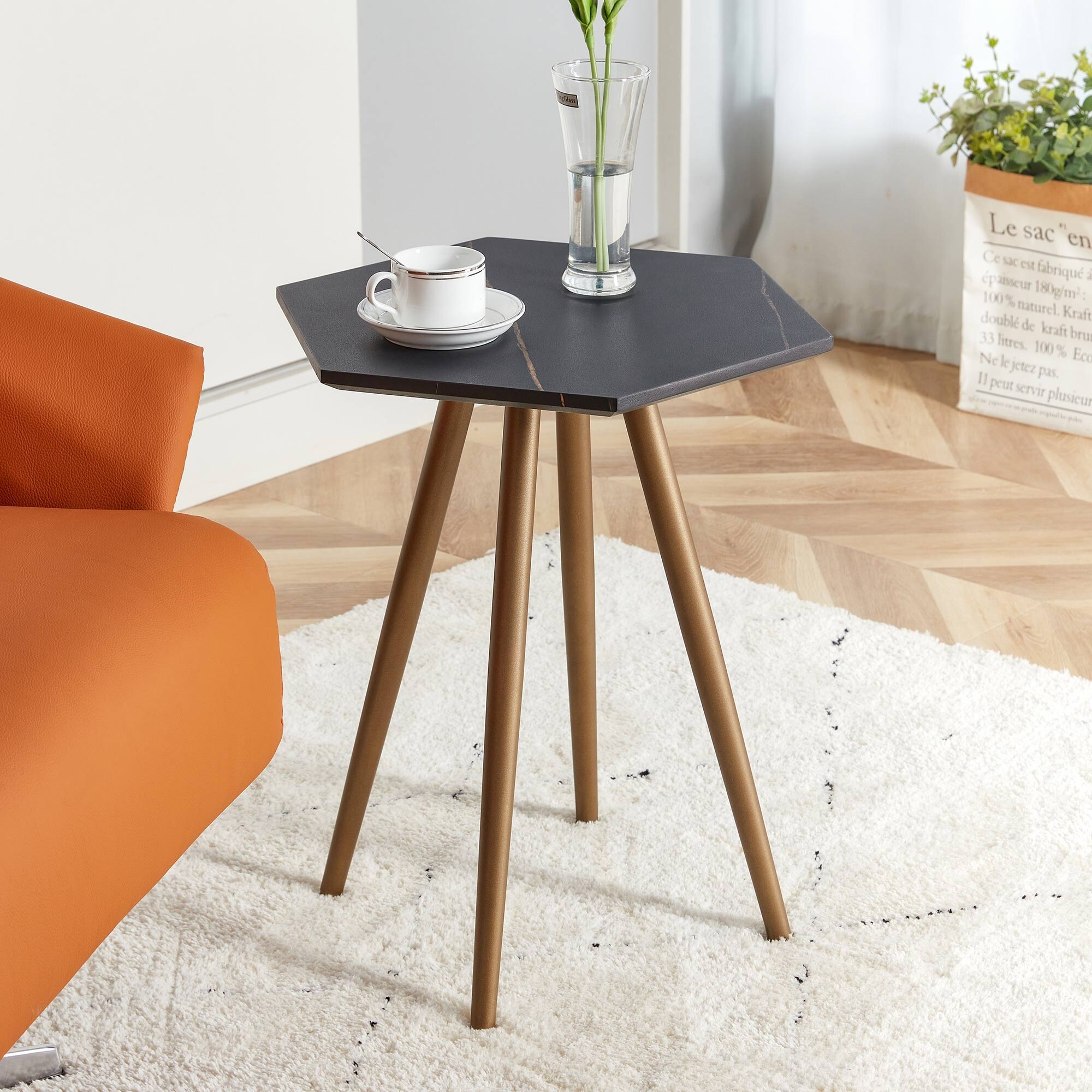 Modern Black Faux Marble End Table， Hexagon Side Table， Small Accent Coffee Table with Metal Legs - Mycitystee