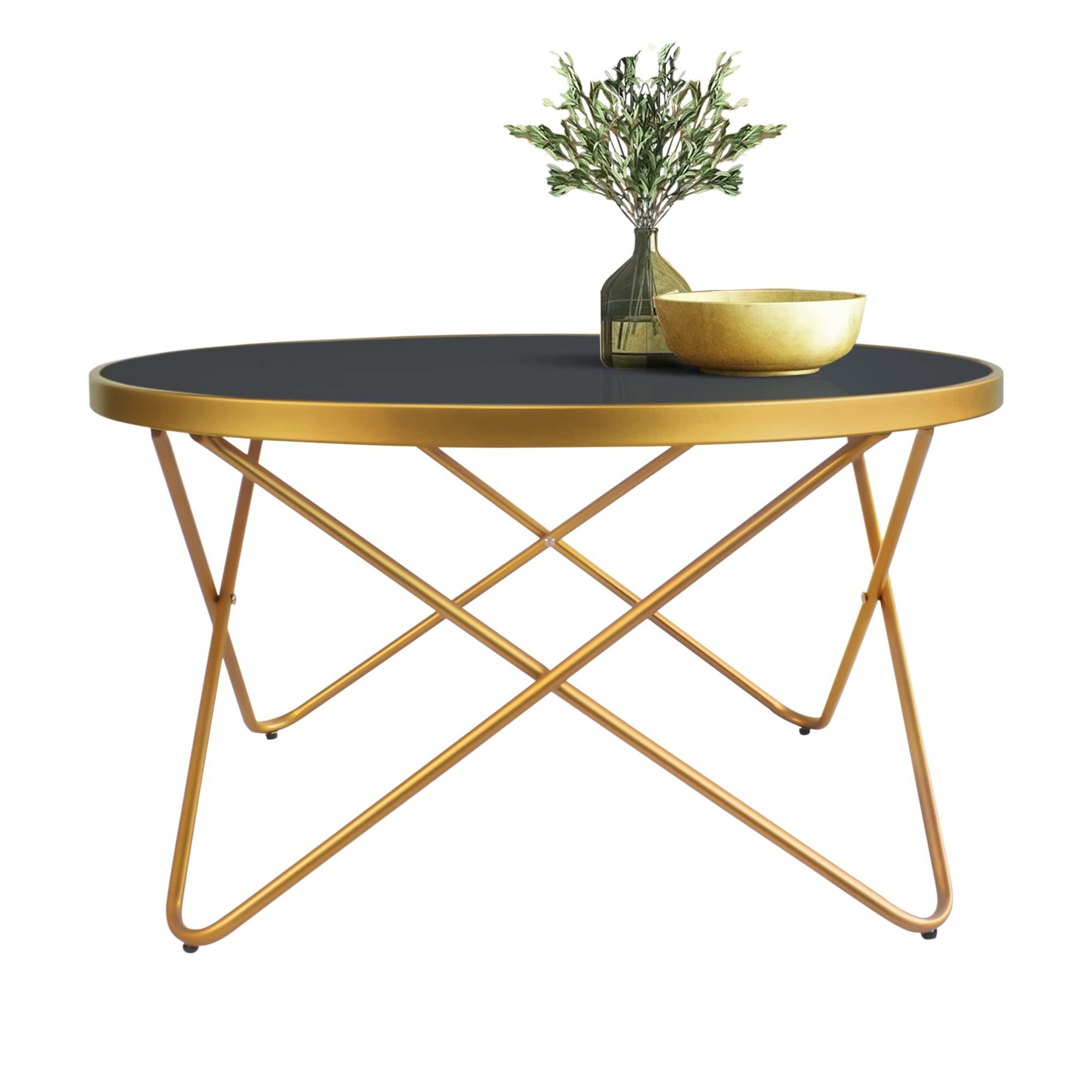 Mid Century Modern Round Gold Coffee Table with Black Glass and Metal Frame Central Table for Living Room Recepetion Room - Mycitystee