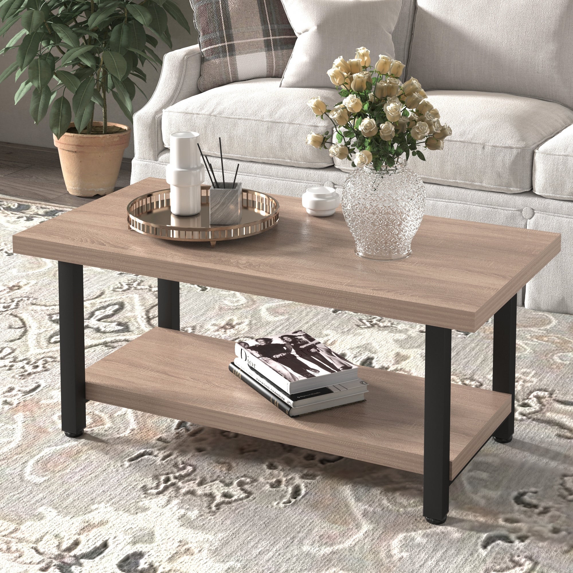 2-Tier Modern Rectangle Coffee Table， Wood Rectangle Sofa Table with Metal Straight Legs for Living Room - Mycitystee