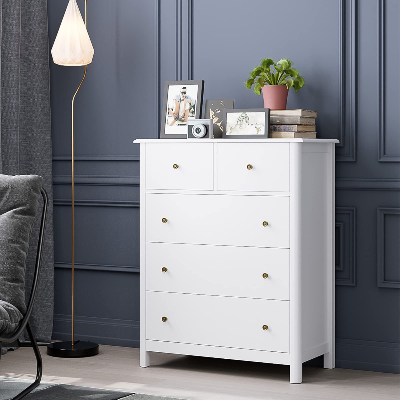 Modern Chest of Drawers， Wood Tall Dresser with 5 Drawers， Storage Organizer Chest Cabinet Nightstand for Bedroom， - as picture - - 37668912 - Mycitystee