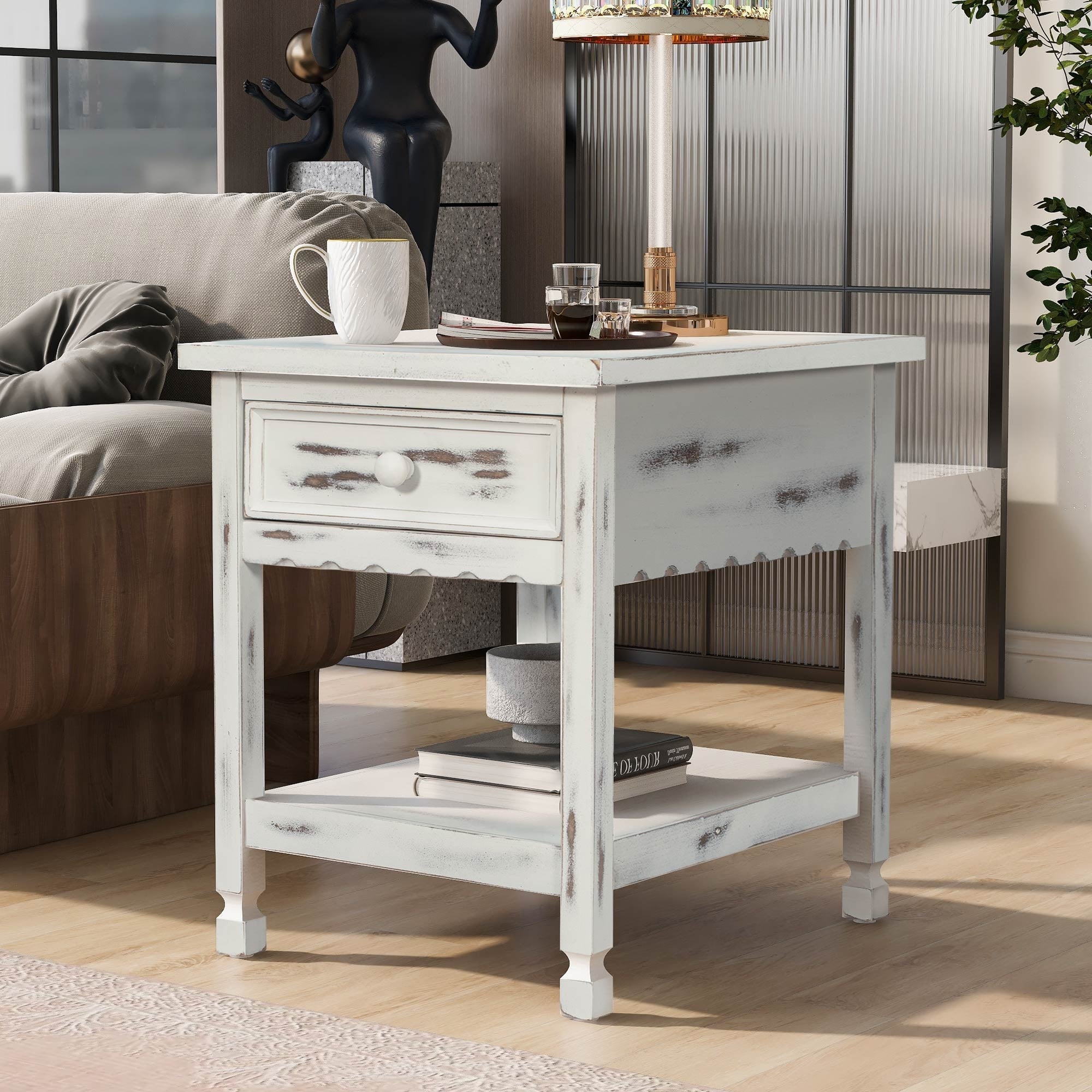 Classical BlackandWhite End Table with Open Styled Shelf Large Storage Space，Side Table Drawer with Metal Handles - Mycitystee