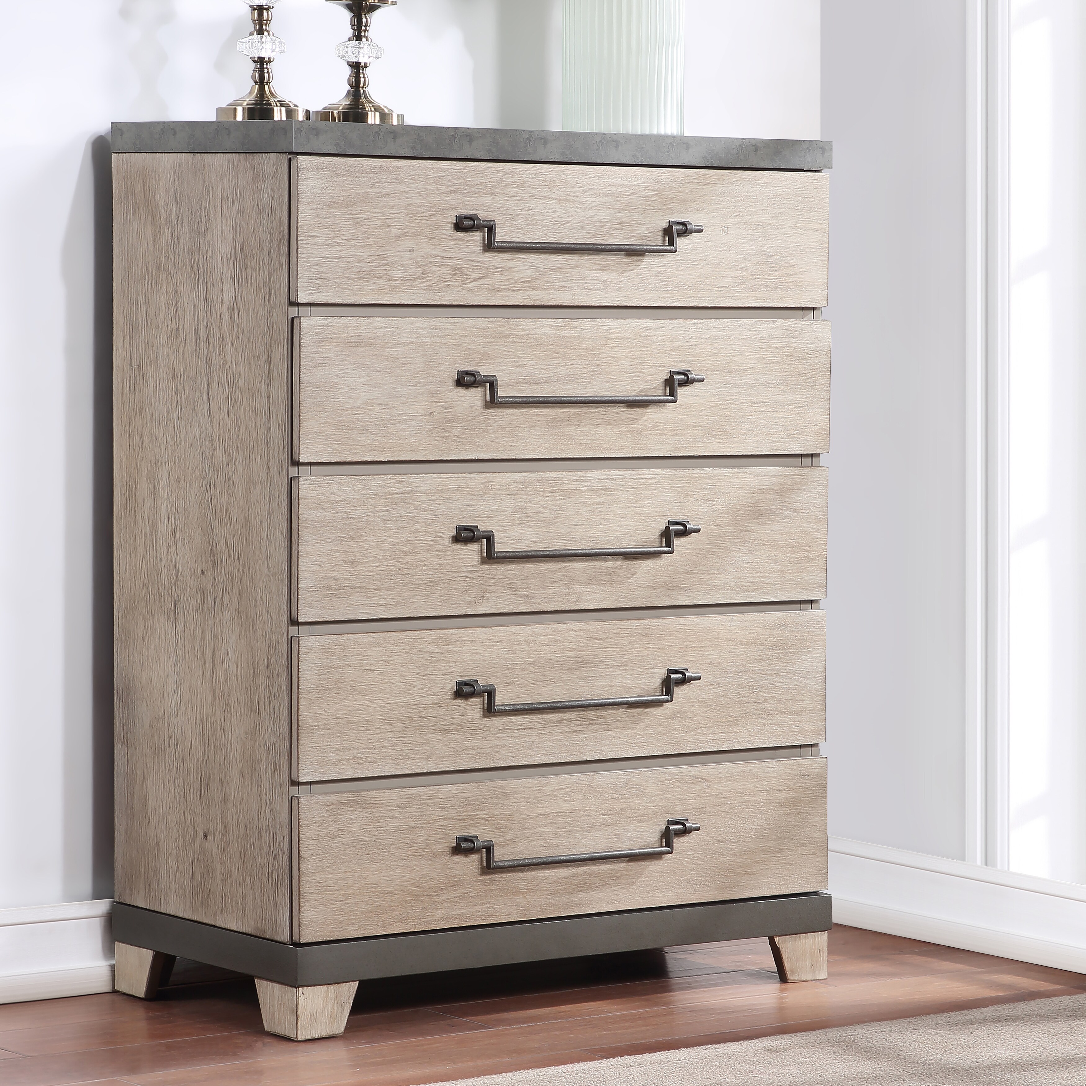 Roundhill Furniture Arbela Wood 5-Drawer Chest， Weathered Oak Finish - - 36254120 - Mycitystee
