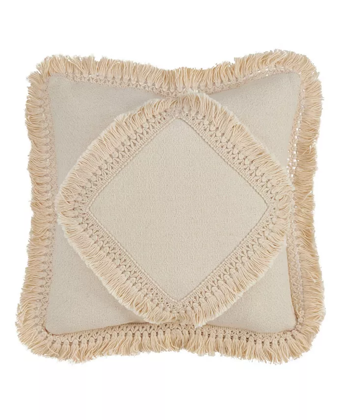Saro Lifestyle Cotton Fringe Lace Applique Decorative Pillow， 18