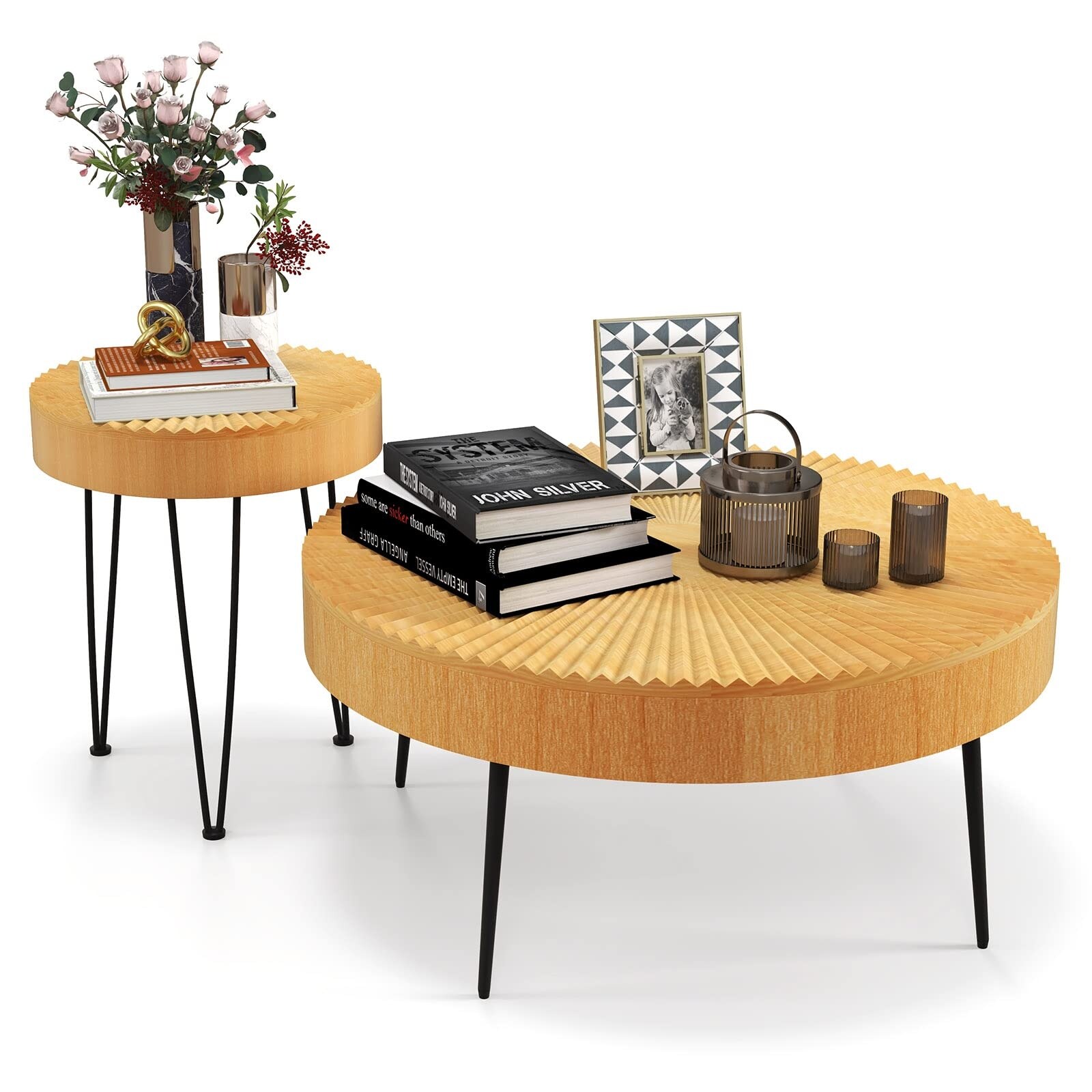 Round Coffee Table Set of 2， Modern Farmhouse End Tables with Natural Finish， Aesthetic Line Design， - as picture - Mycitystee