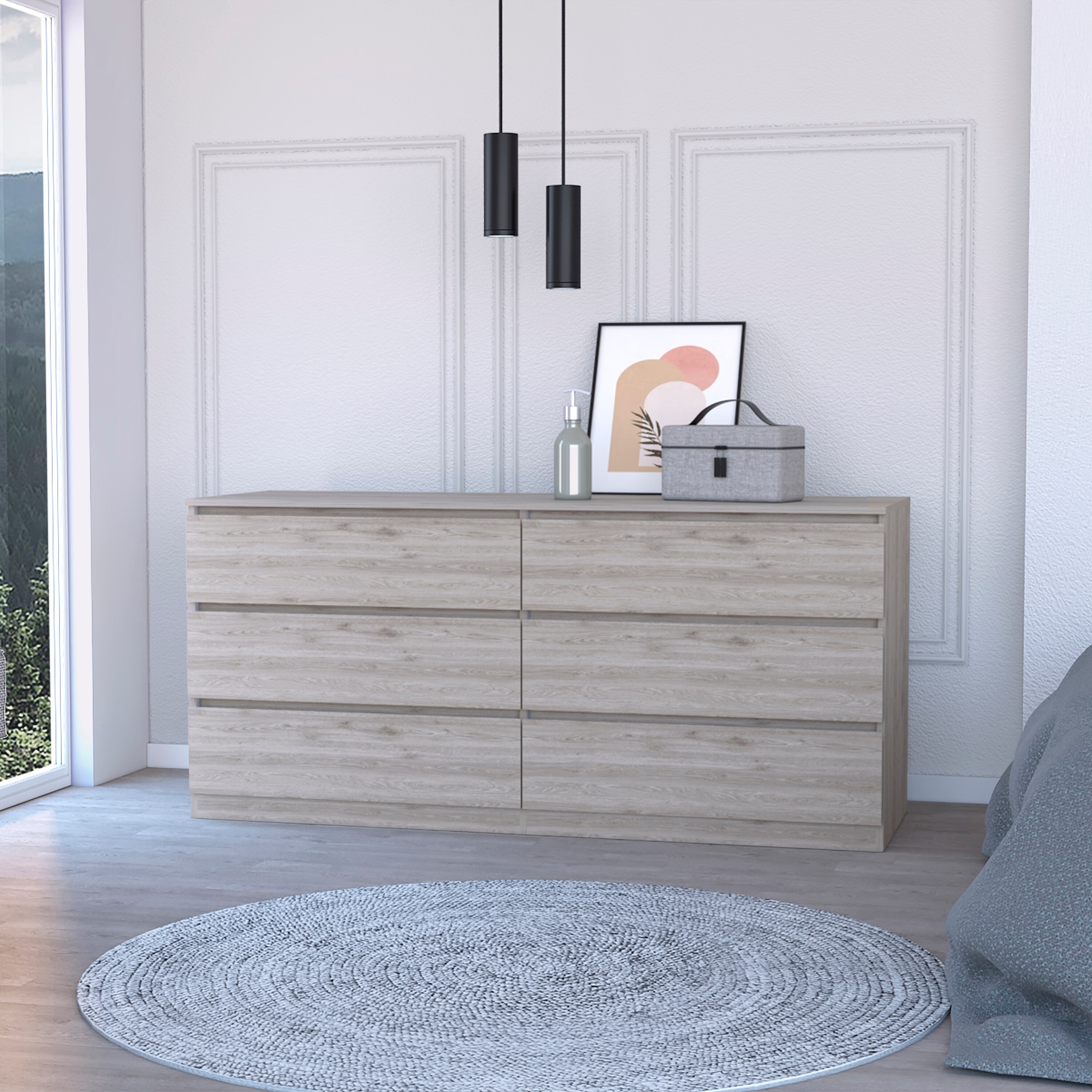 Rectangle Wooden 6-Drawer Dresser Light Grey/Light Oak - - 37372482 - Mycitystee