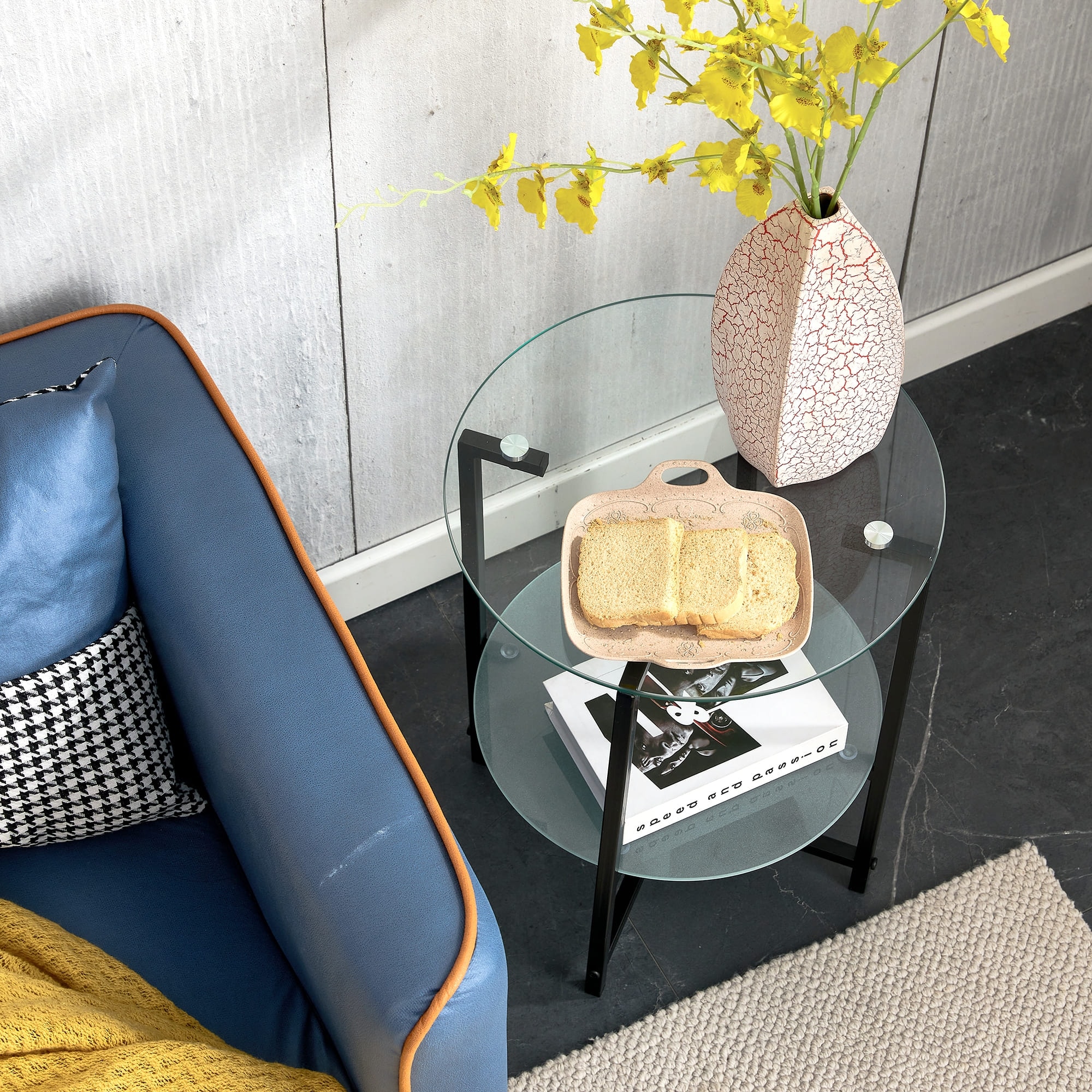 2 Layer Storage Shelf Coffee Table Set of 2 Modern Round Side Table with Tempered Glass Tabletop End Table with Metal Frame - Mycitystee