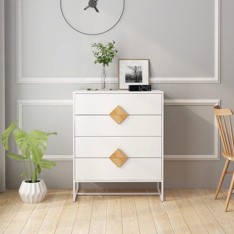 White Solid Wood 4-Drawer Chest Storage Cabinet with Square Handles - - 36862278 - Mycitystee