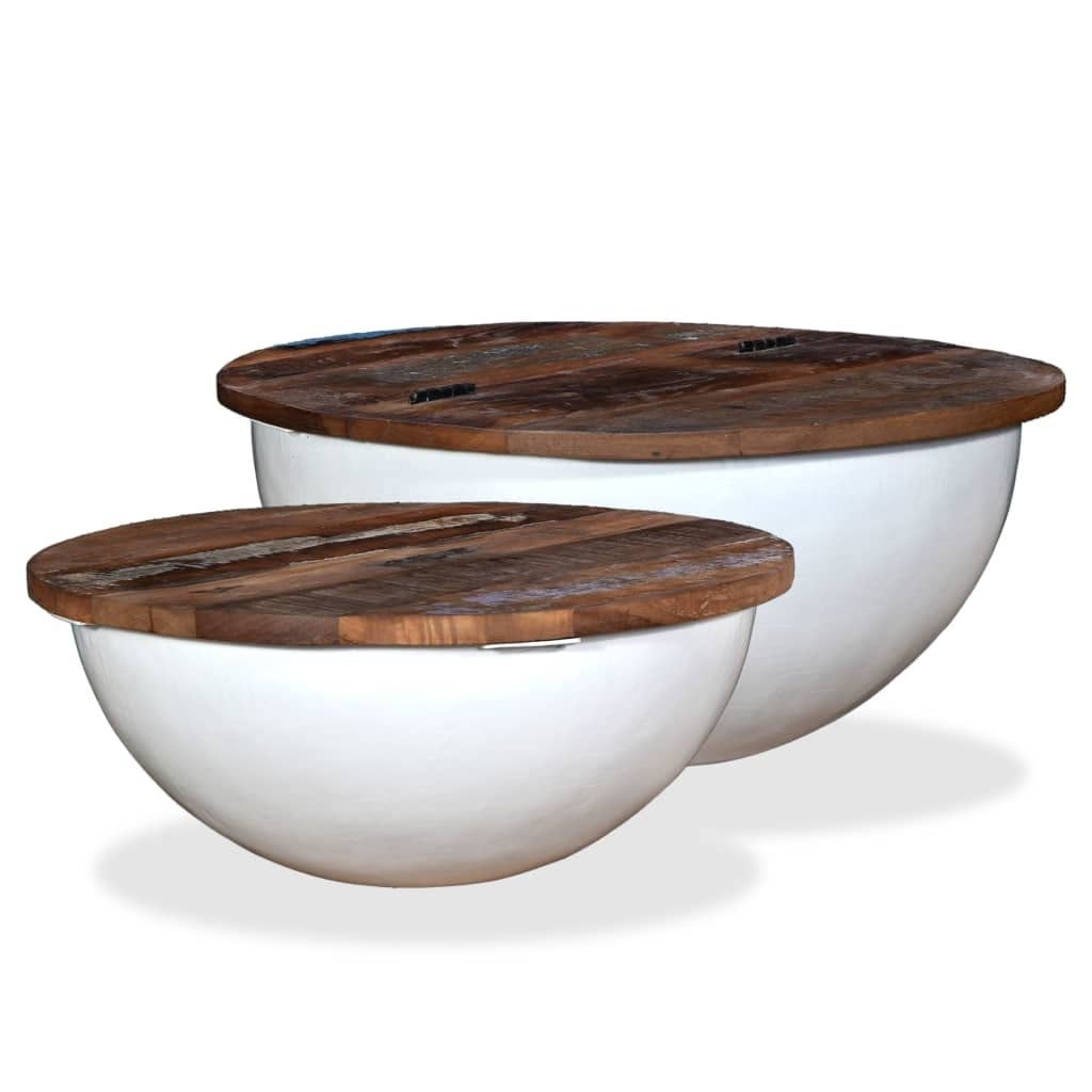 in Round Coffee Table with Storage 2 Pcs Drum Coffee Table Side Table with Bowl-Shaped Steel Base and Solid Wooden Tabletop - Mycitystee