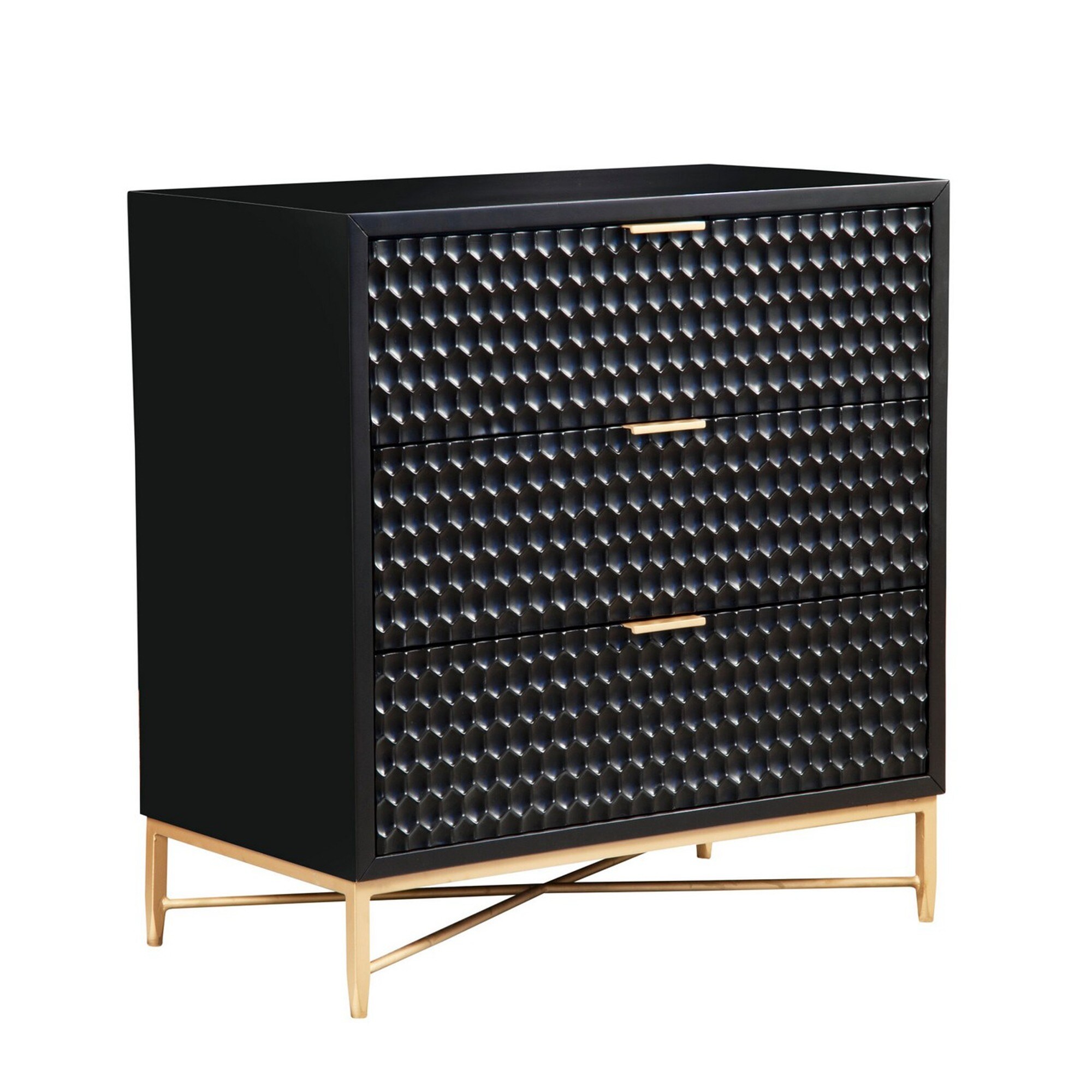 Rexi 34 Inch 3 Drawer Small Dresser Chest， Honeycomb Panels， Black， Gold - - 36907710 - Mycitystee