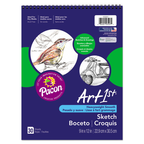 Pacon Art1st Artist's Sketch Book， 80 lb， 9 x 12， White， 30 Sheets (103207) - Mycitystee