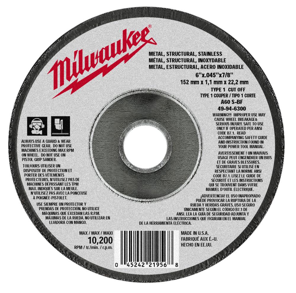 Milwaukee 6 in. x .045 in. x 7/8 in. Cut-Off Wheel (Type 1) 49-94-6300 from Milwaukee - Mycitystee