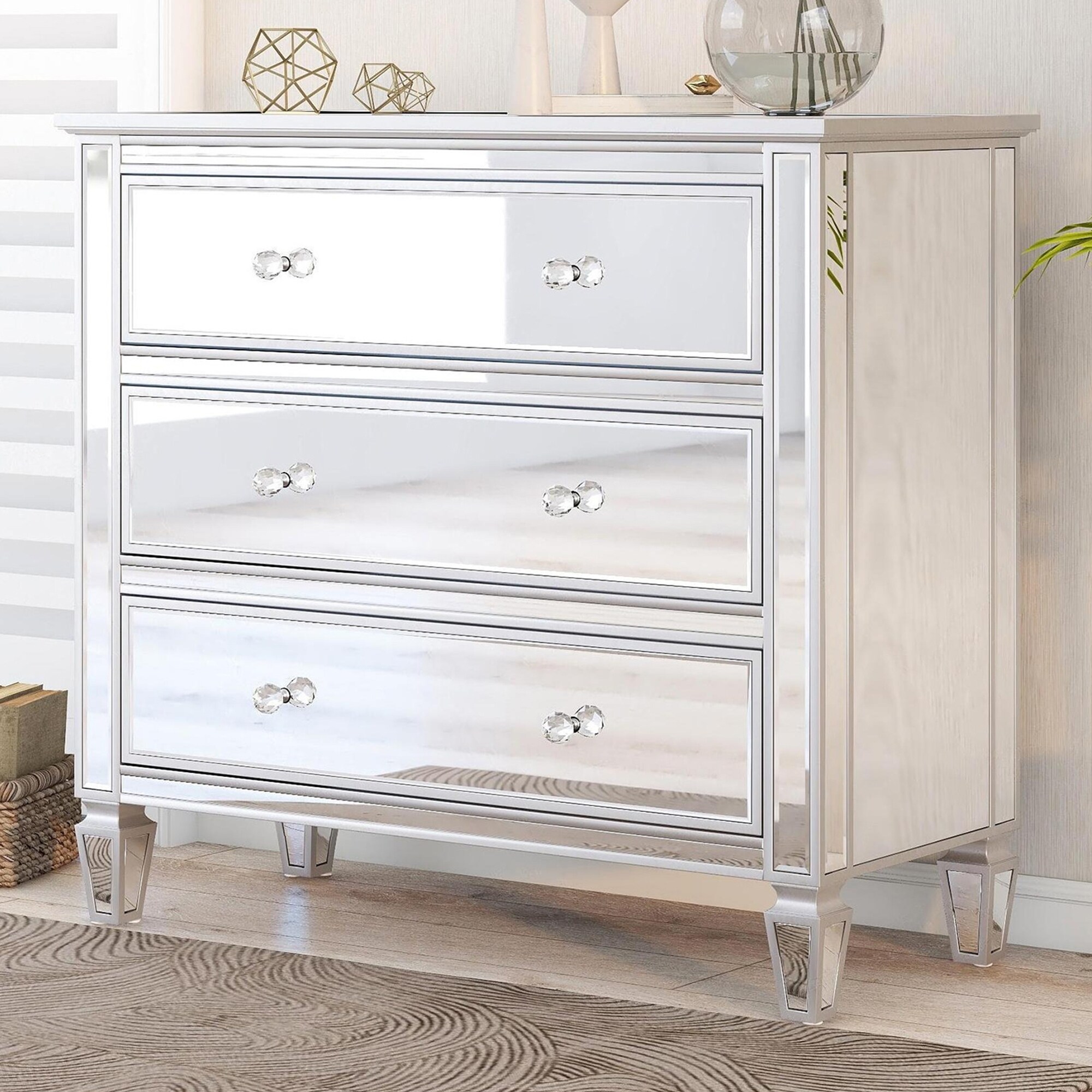 Elegant Mirrored Chest with 3 Drawers， Modern Silver Finished Chest for Living Room Bedroom - - 36092908 - Mycitystee