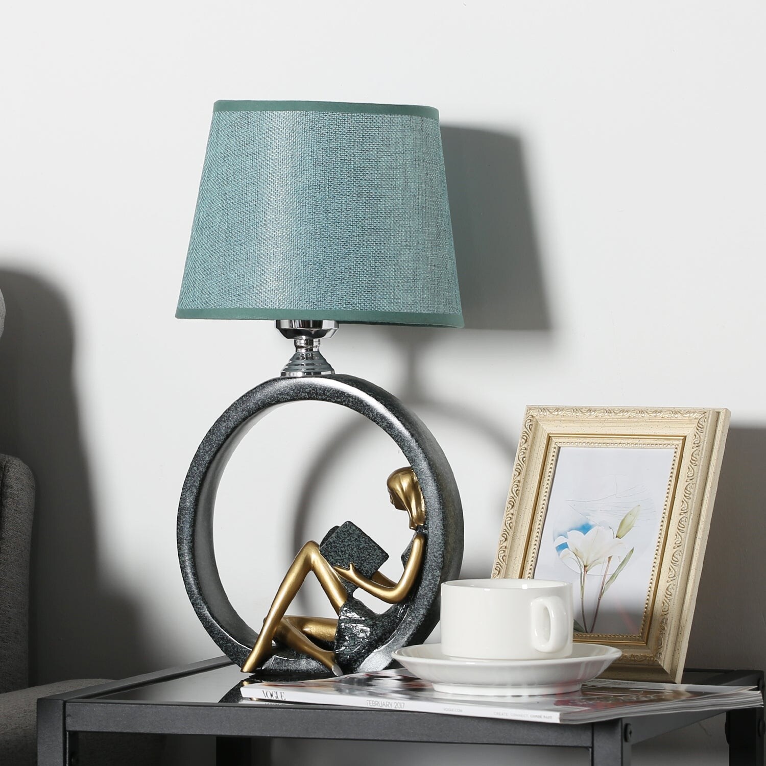 Fabric Shade Blue Ring Table Lamp with 3000K LED Bulb - Mycitystee