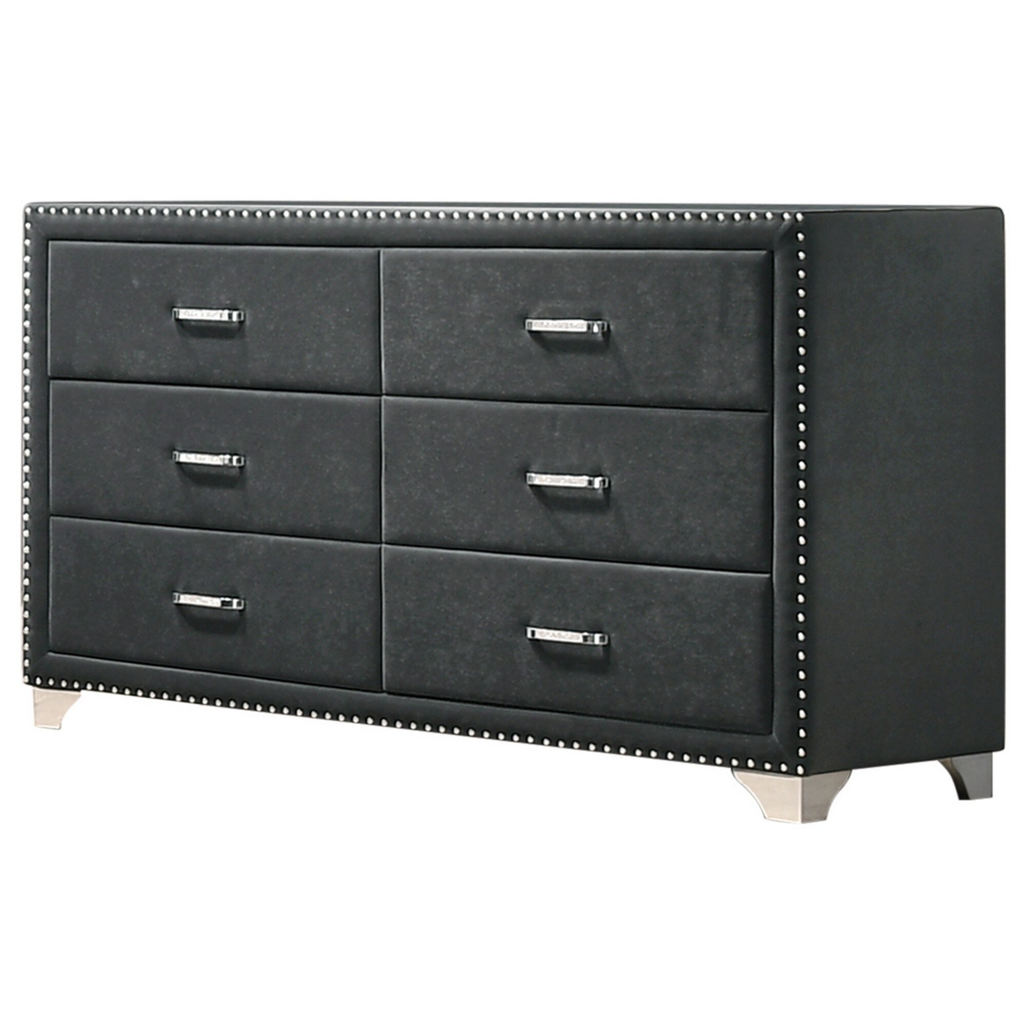 Cale 60 Inch Velvet Dresser， Modern Glam， 6 Drawer， Nailhead， Gray - - 36155385 - Mycitystee