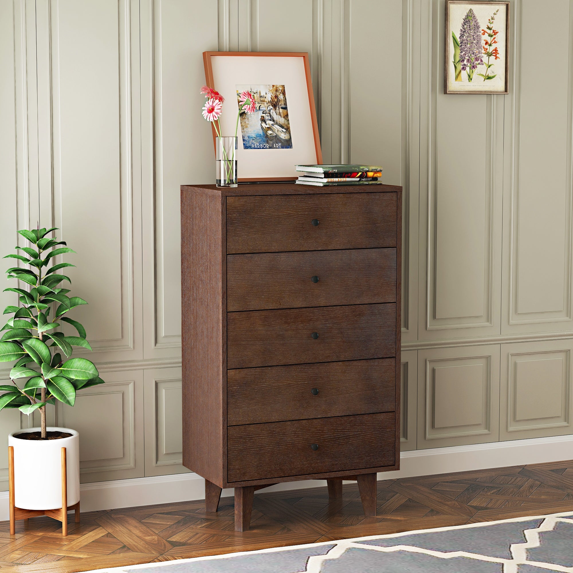 Retro Soild Wood 5 Drawers Dresser with Round Hndle - - 37918998 - Mycitystee