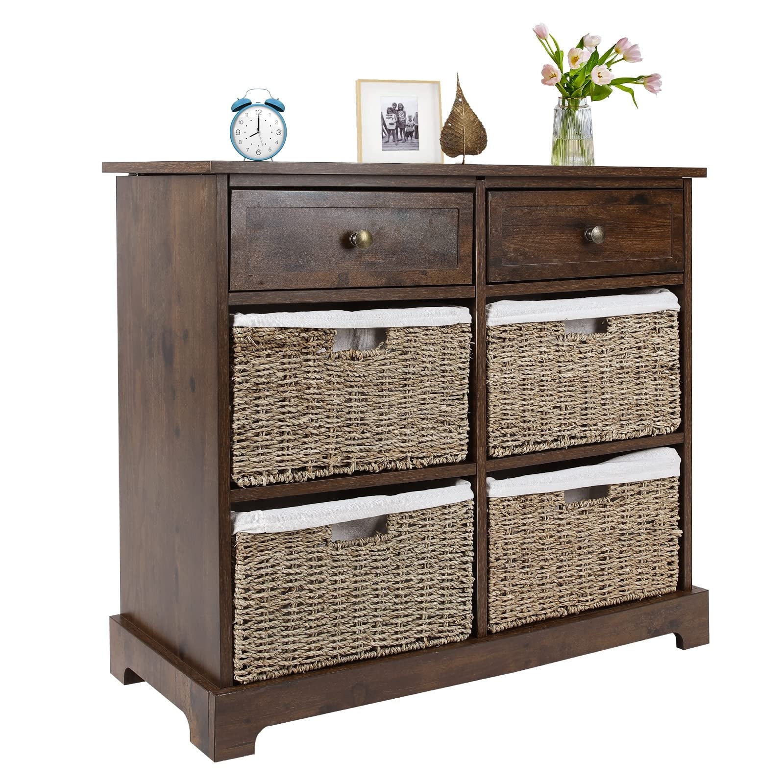 Storage Dresser with 2 Wood Drawers and 4 Rattan/Wicker Baskets，Rustic Natural Wooden Storage Chest for Bedroom - as picture - - 37668204 - Mycitystee