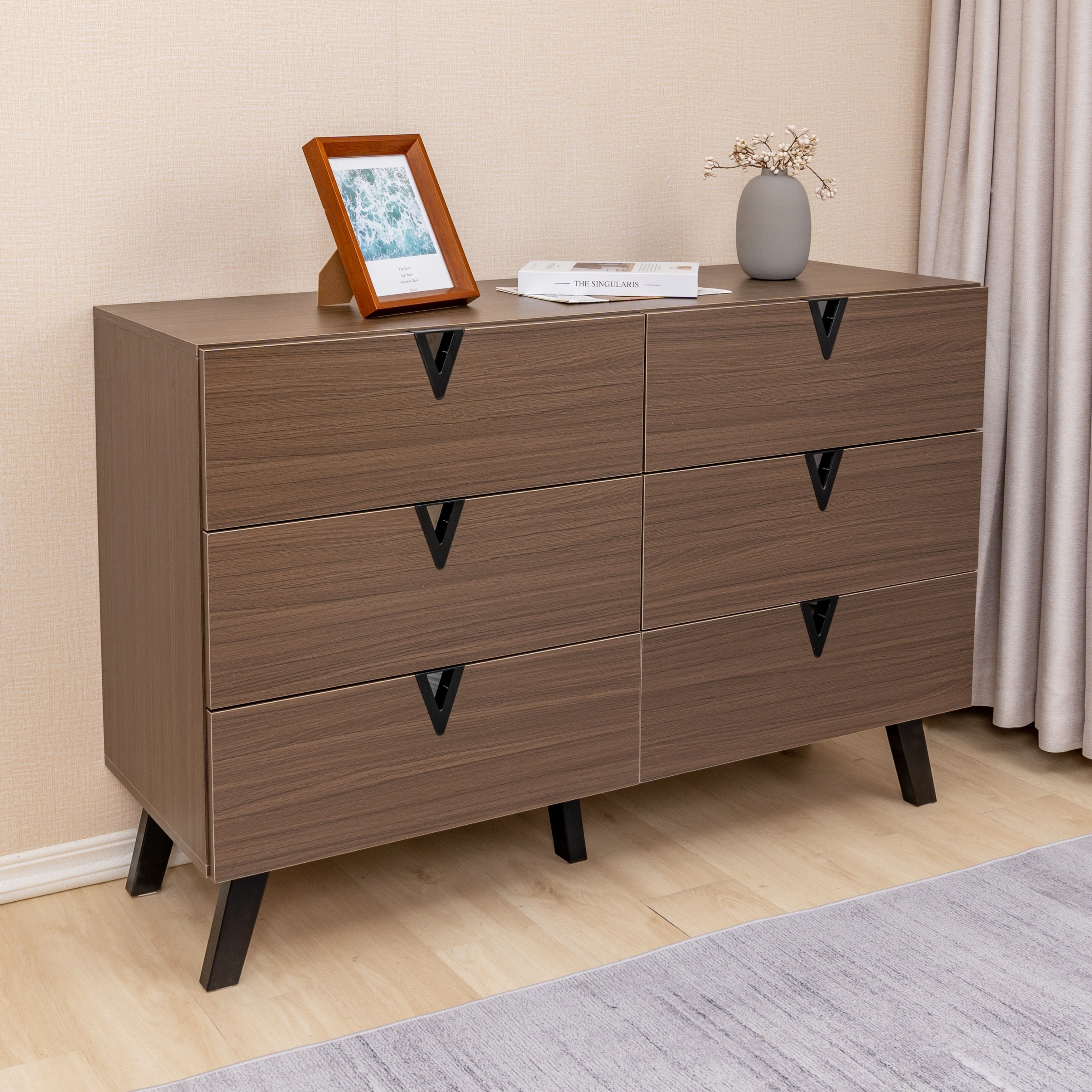 Modern Grooved Handle 6 Drawers Double Dresser Bedroom Storage Chest - - 37052148 - Mycitystee