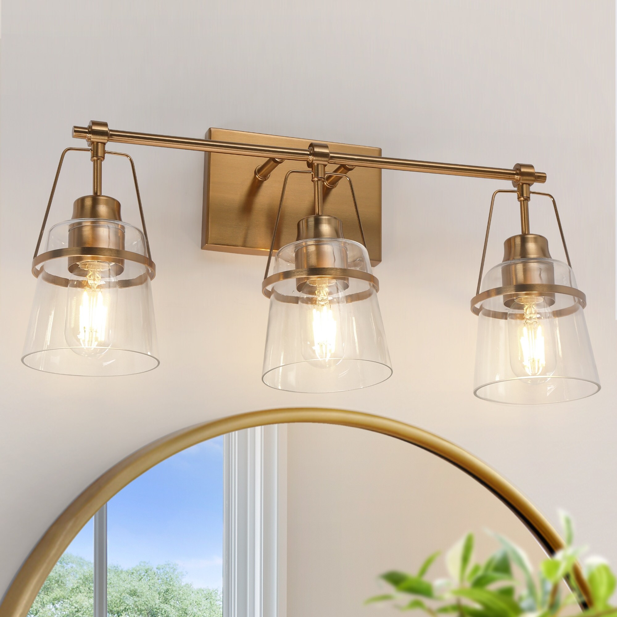 Dendrophyllia Mid-Century Modern 3-Light Electroplating Brass Clear Glass Bathroom Vanity Lights - L 21.2
