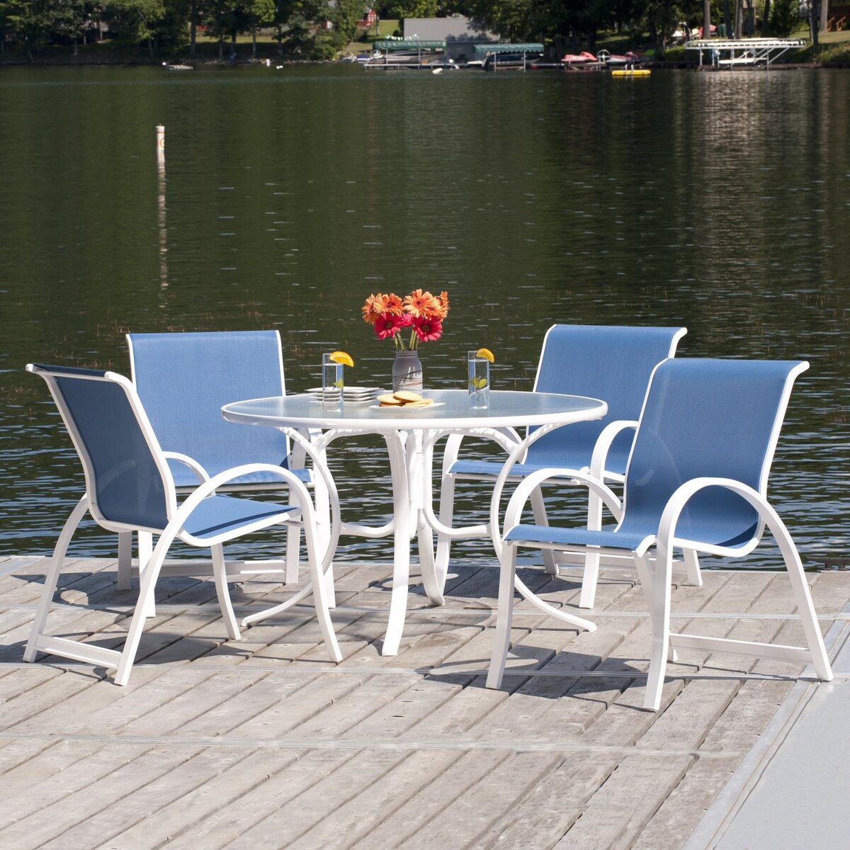 Aruba II 5 Piece Aluminum Patio Dining Set With 48 Inch Round Table and Stacking Chairs By Telescope Casual - Mycitystee